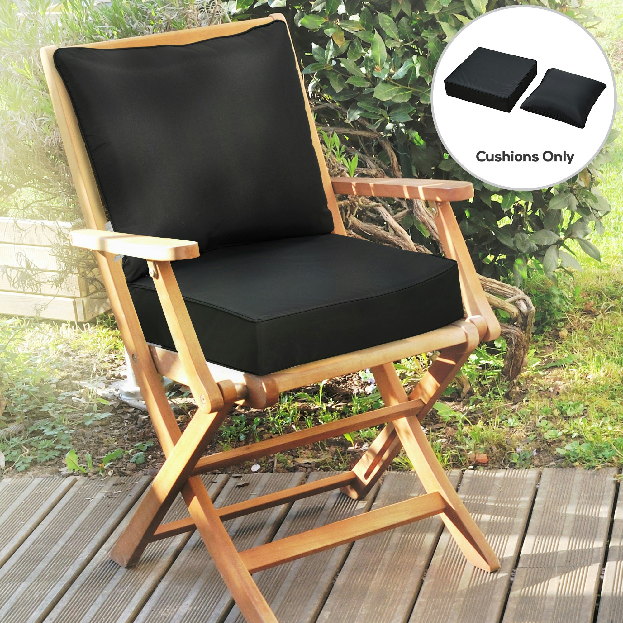 Rackhams Black Outdoor Seat And Back Cushion Set, Deep Seating Chair Cushion, - Olefin, Sponge, Tiled Cotton - 61Cm X 61Cm X 15Cm
