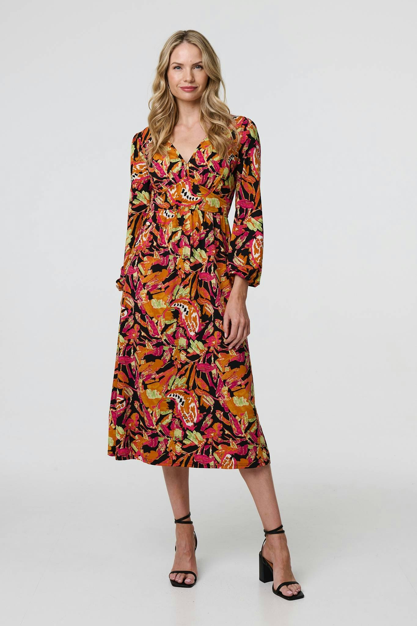 Izabel London Orange Tropical Floral Print Long Sleeve Midi Dress - 8