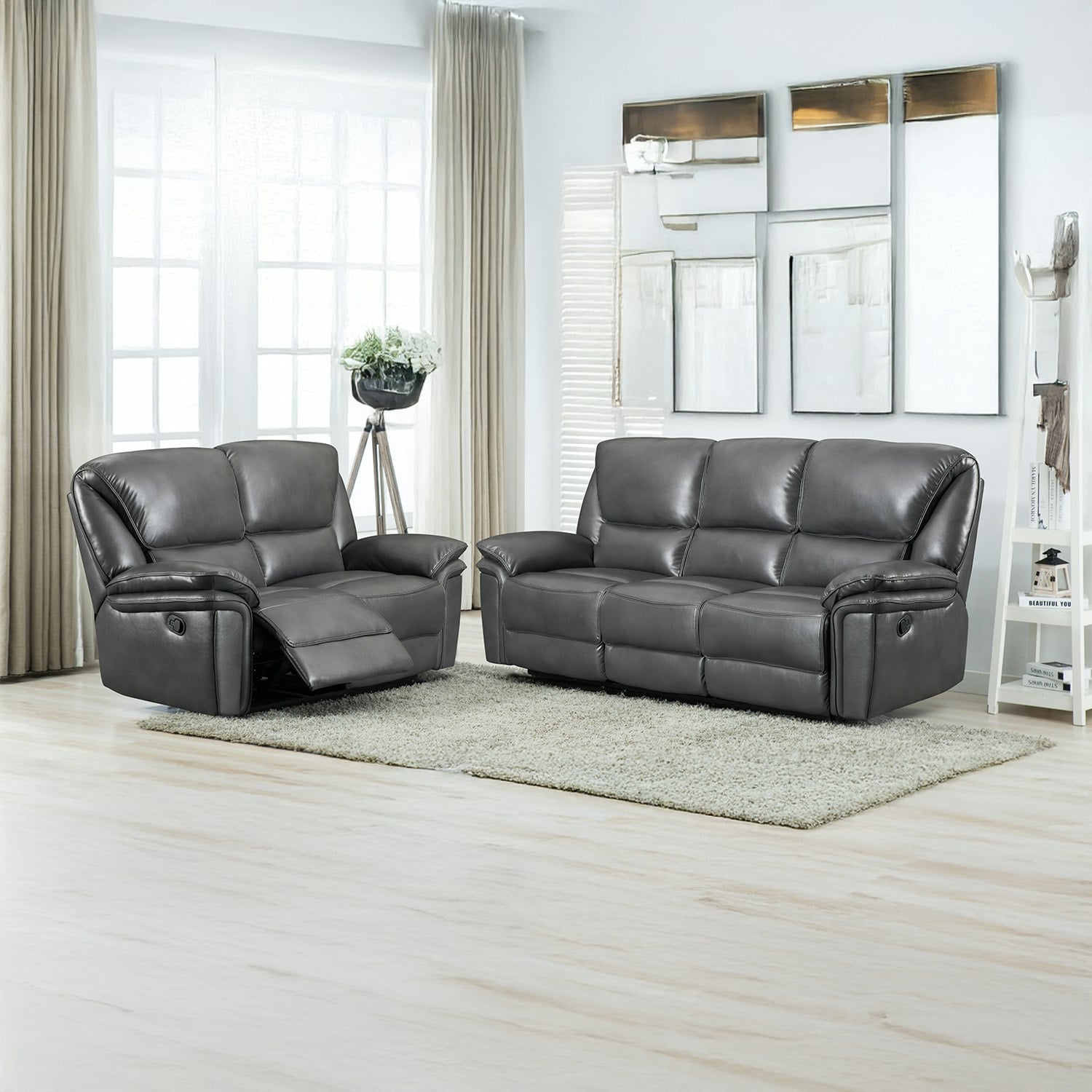 Furnishings For Less Grey Boston Leather Aire Manual Reclining Sofa Suite