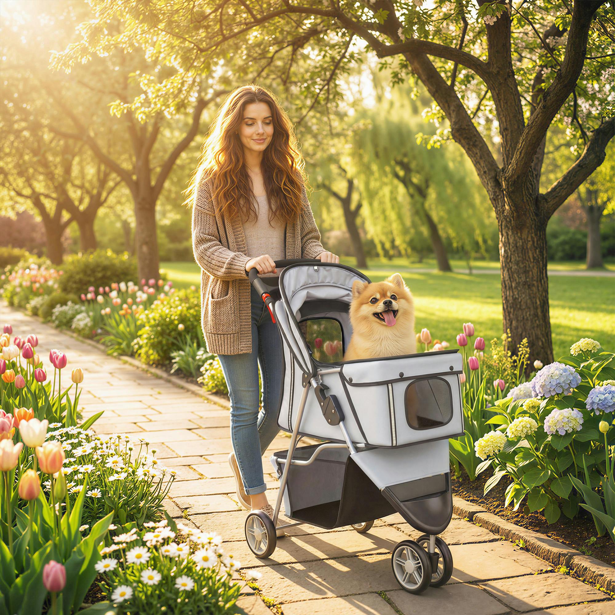 Pawhut Grey Pet Stroller Pushchair Carrier For Cat Puppy With 3 Wheels