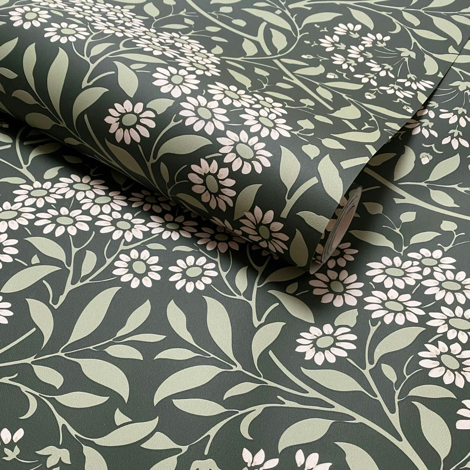 World Of Wallpaper Green/White Botanical Damask Wallpaper - 10.05M X 0.53M - 100% Mixed