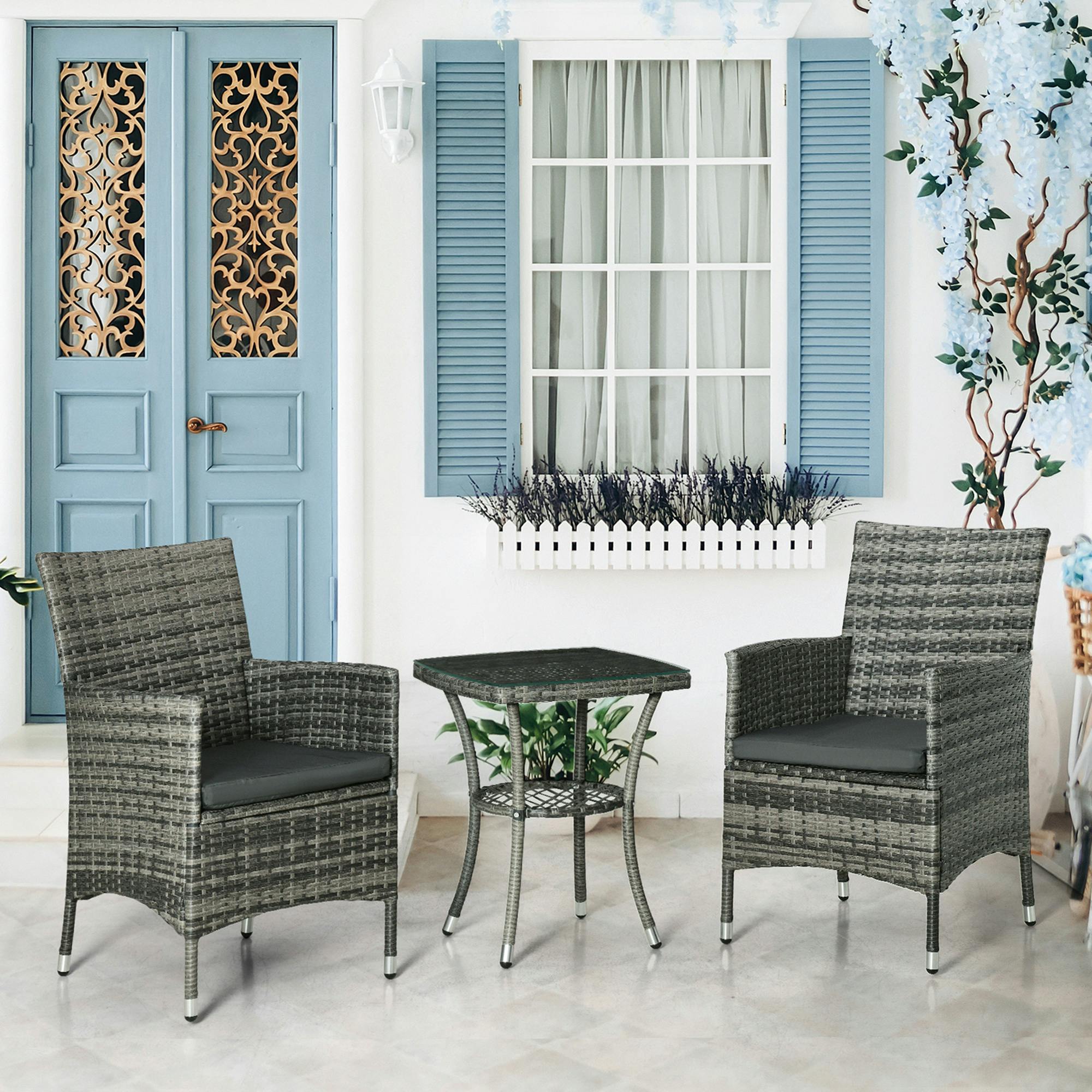 Outsunny Rattan Bistro Set Garden Chair Table Patio Outdoor, Mixed Grey - Image 3
