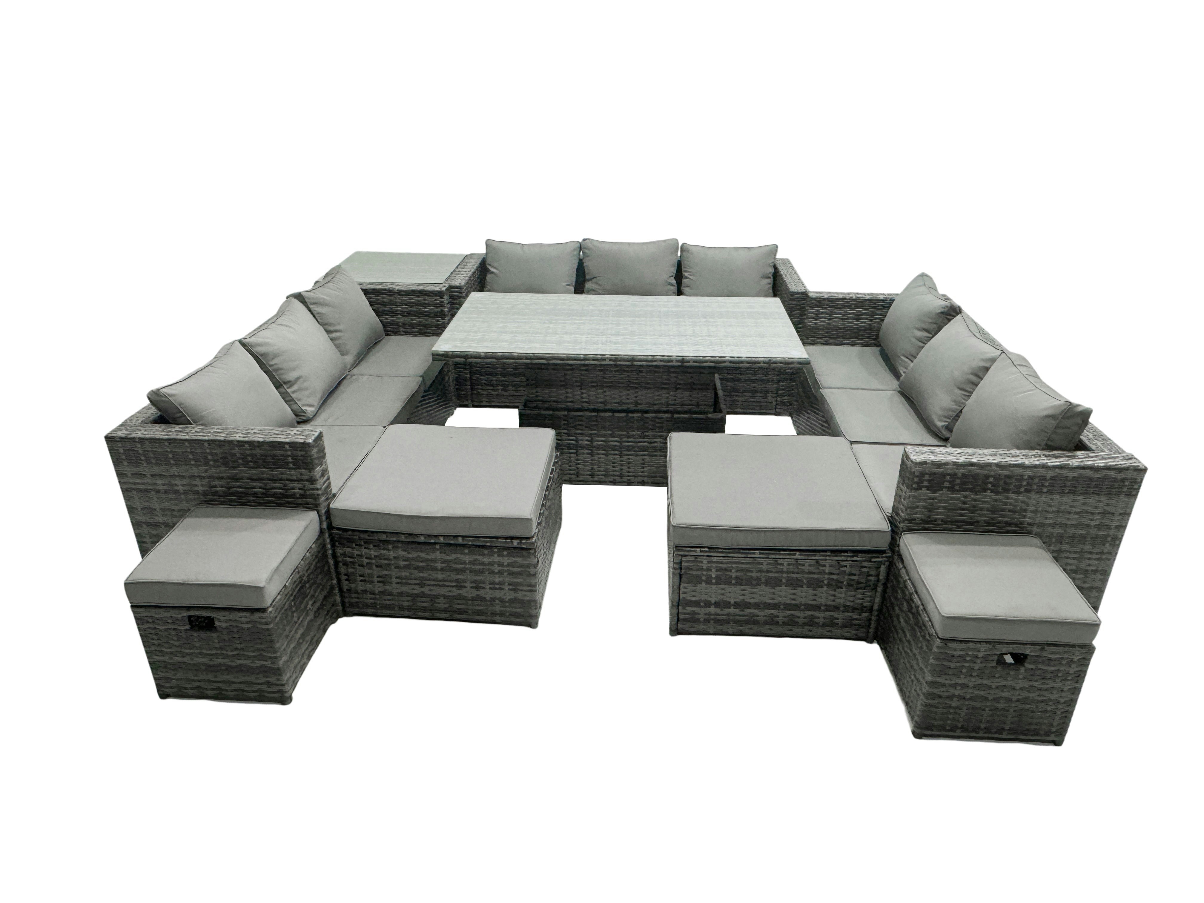 Rackhams Dark/Grey Rattan Dining Table Sofa Set With Side Table 4 Stools Outdoor 13 Seat Garden Furniture Set Mixed