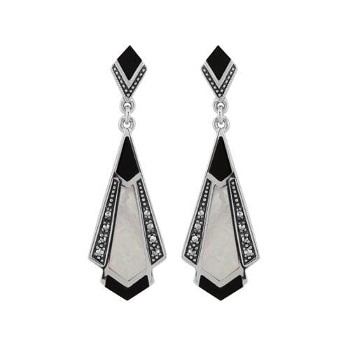 Gemondo Black/Onyx/Silver Art Deco Style Cabochon Mother Of Pearl & Marcasite Drop Earrings In 925 Sterling