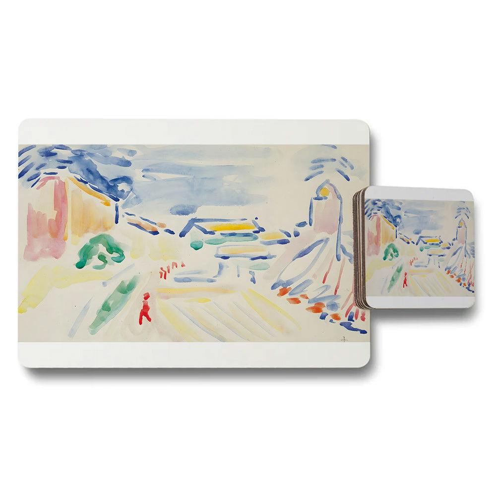 Benjamin Tate Design Light/White Watercolor Cityscape Placemats And Coaster Set For Table Decor