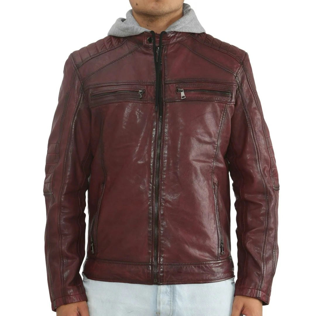 Infinity Leather Men's Burgundy Leather Company Hooded Biker Lamb Leather Jacket - 3XL