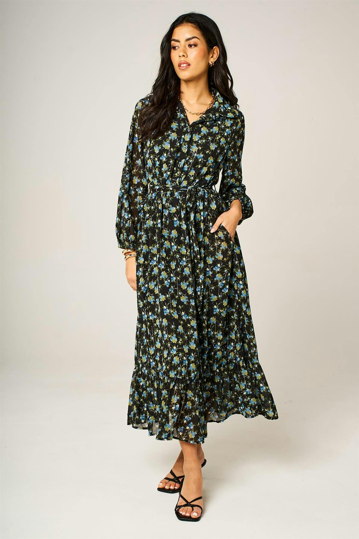 Fs Collection Black Floral Print Hem Detail Shirt Midi Dress With Tie Waist In - Xl