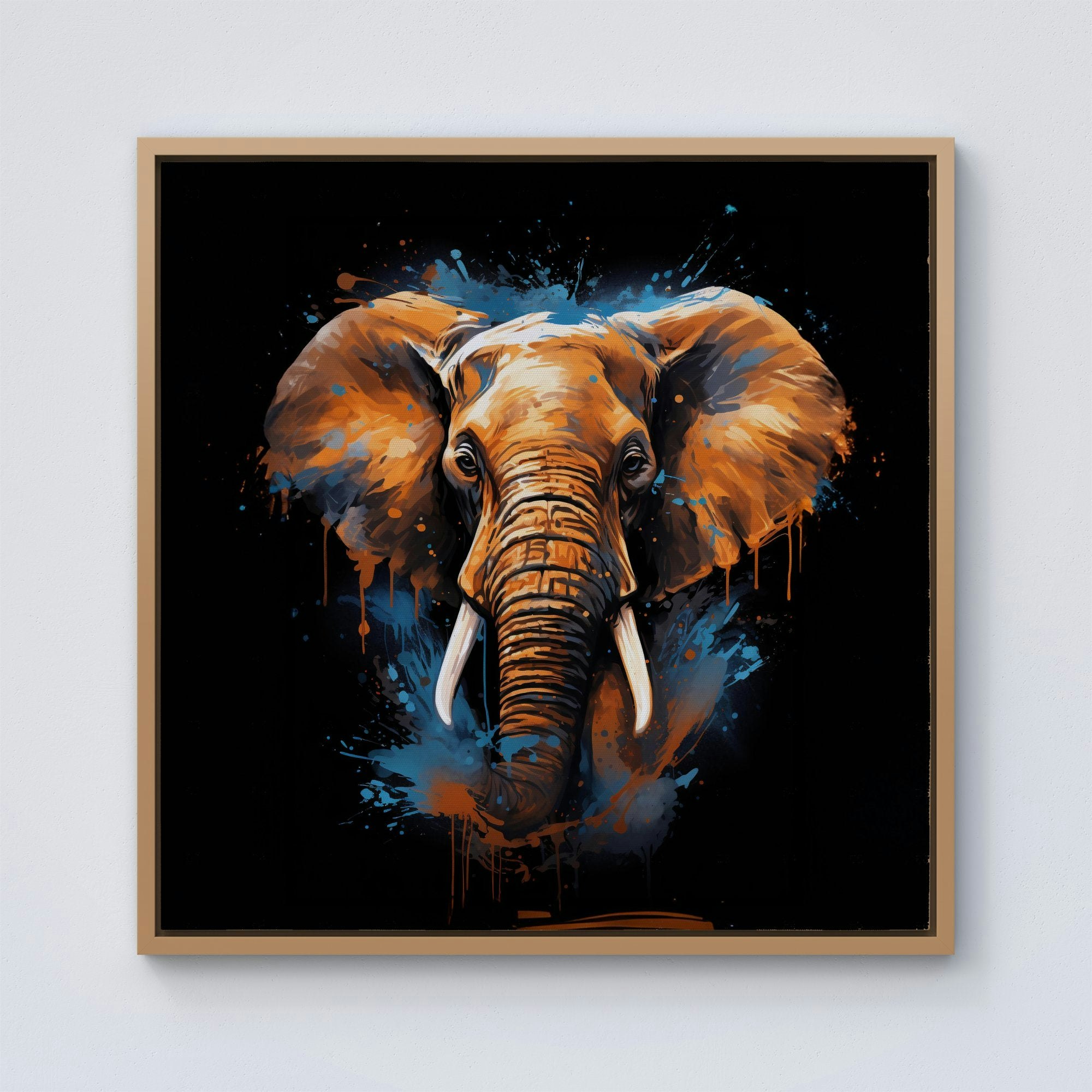 Warren Reed Blue Splash Art Elephant Framed Canvas - 30" X 30" - Pine