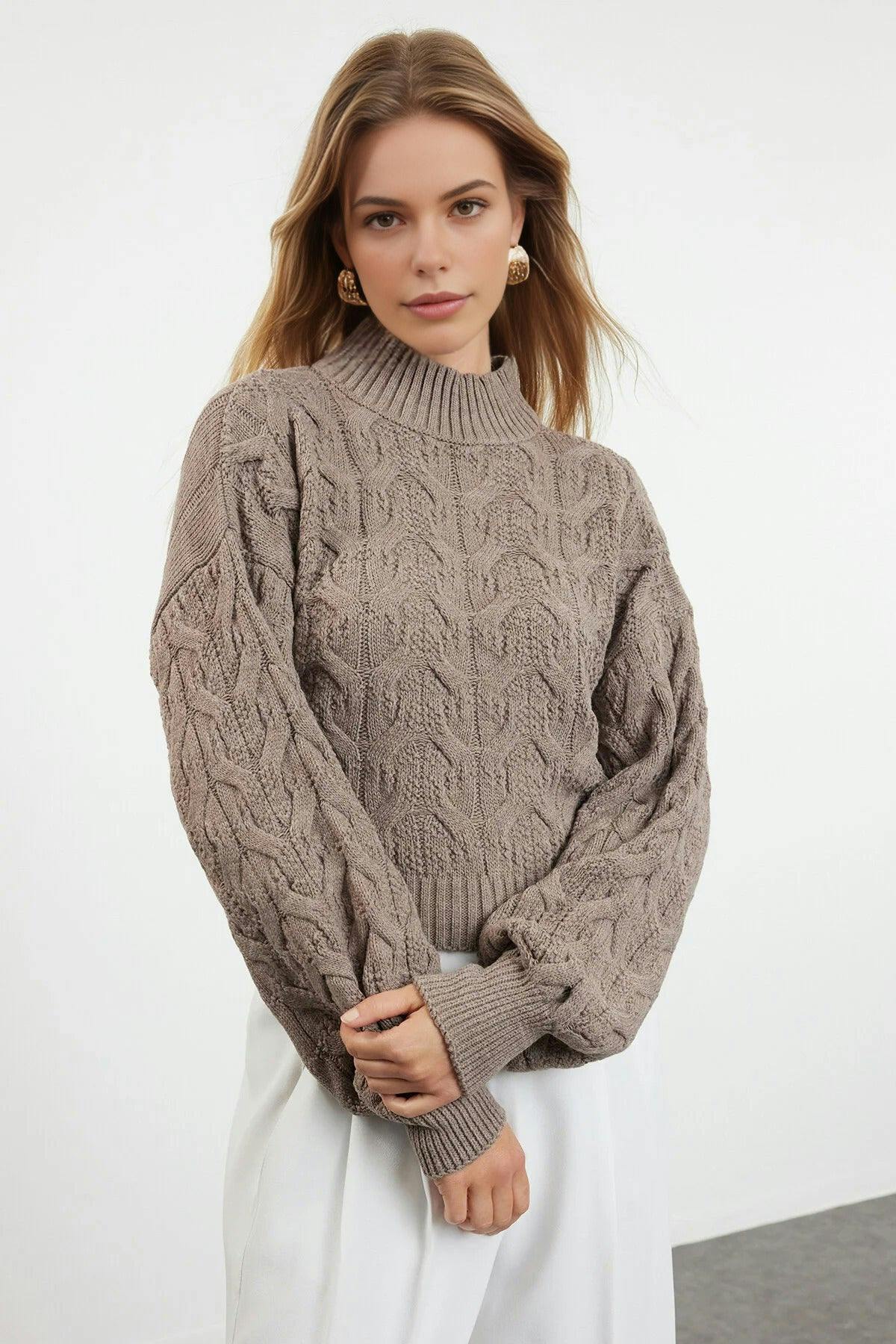 Wovcor Crop Stand Collar Knit Sweater - Taupe - M