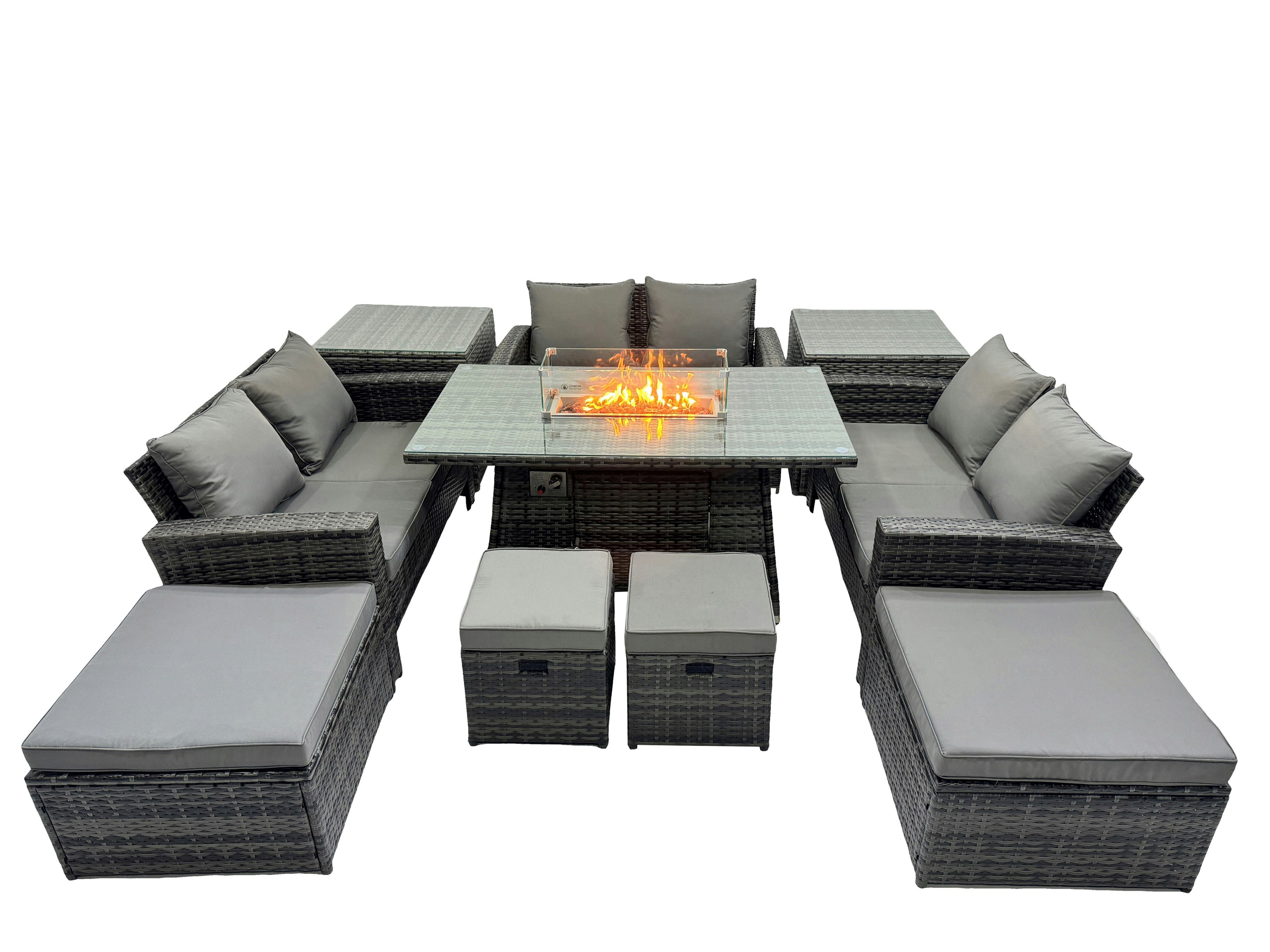 Fimous Dark/Grey Outdoor Love Sofa Set 10 Seat Rattan Garden Furniture Set With Gas Firpit Dining Table 4 Footstools 2 Side Table Mixed