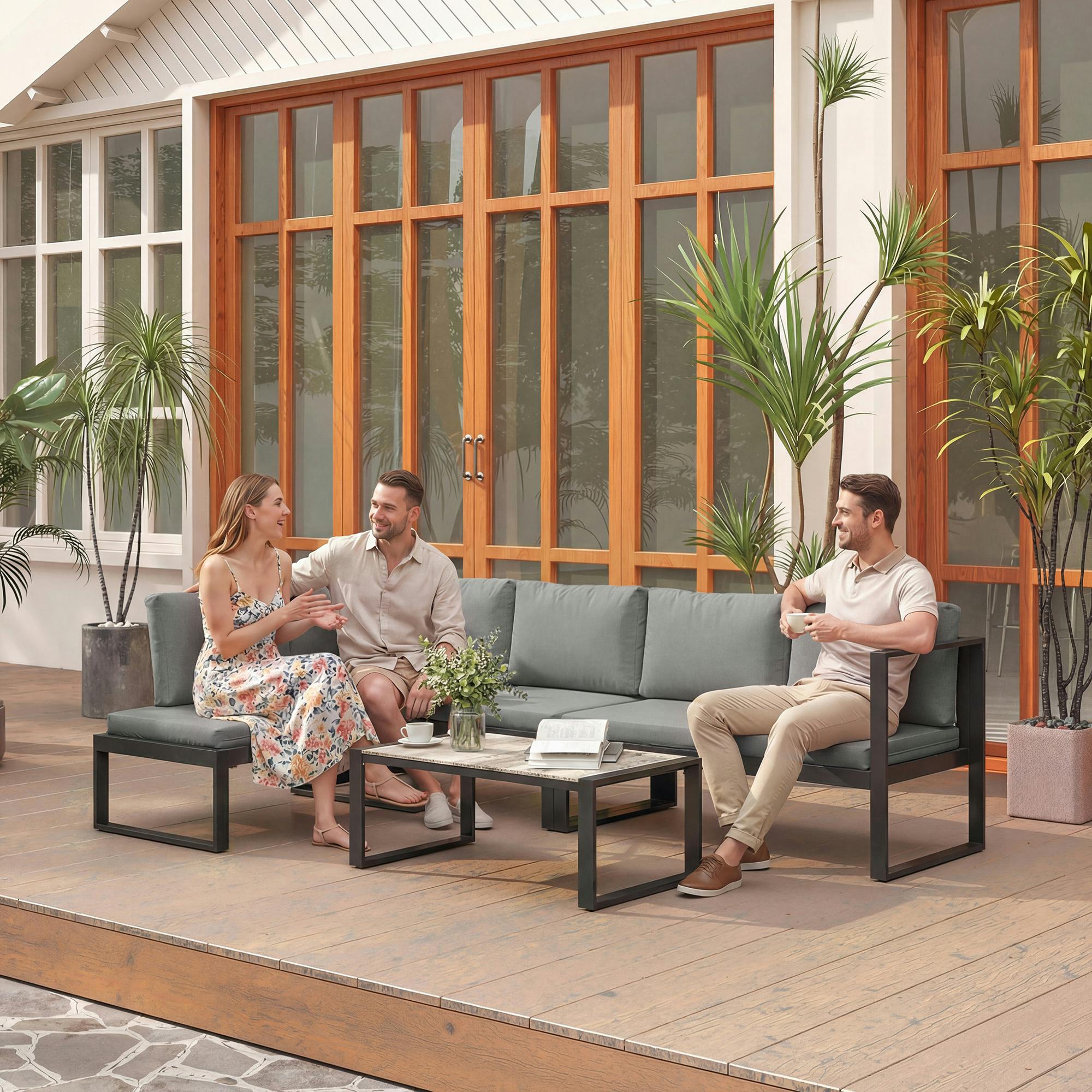 Rackhams Dark/Grey Garden Sofa Set With 2 Loveseats, Armless Chair, Coffee Table - Steel, Polyester, Texteline, Pspc Plastic - 4 Piece Set
