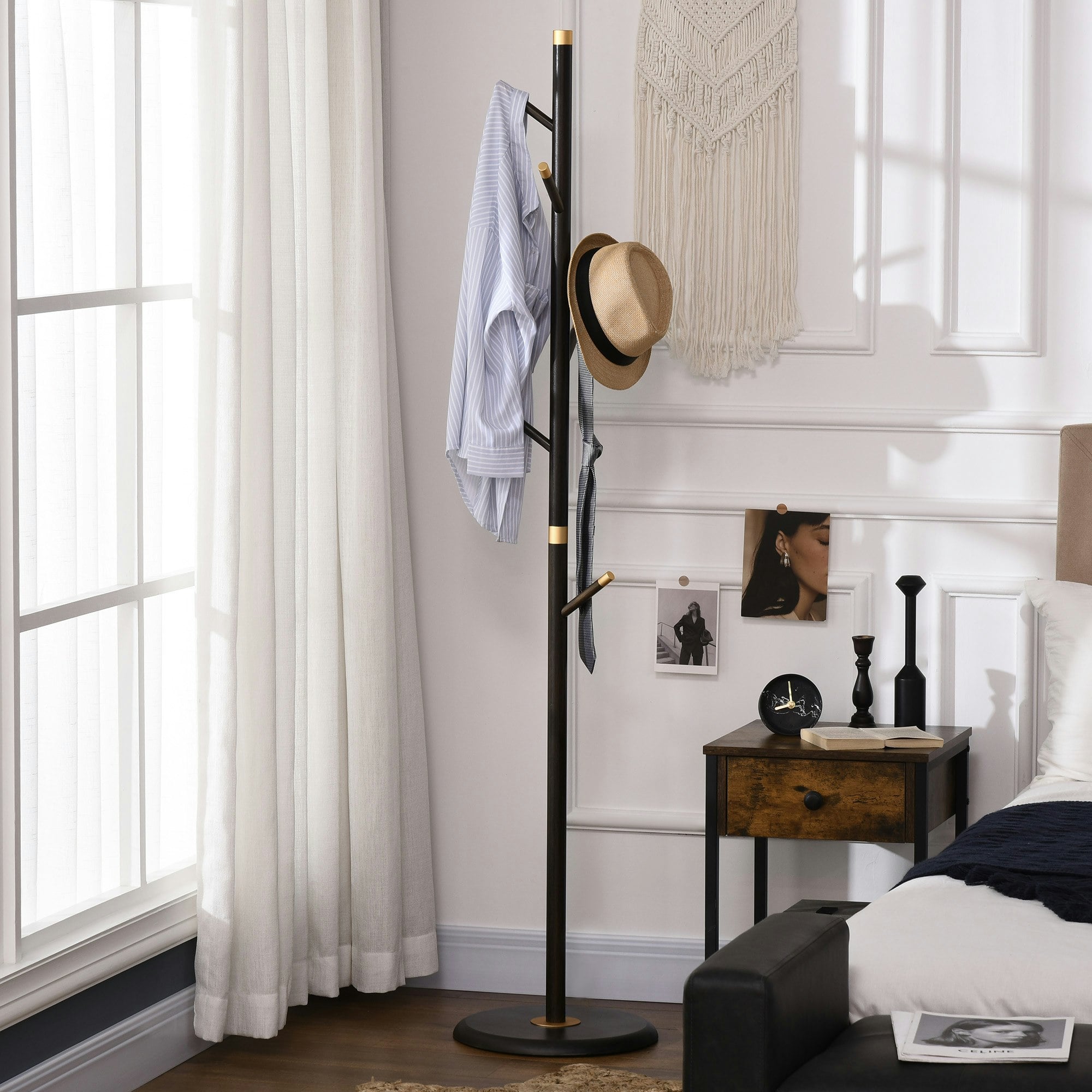 Homcom Freestanding Coat Rack Stand With 6 Hooks For Handbags Scarves Hats - Walnut Brown - Image 4