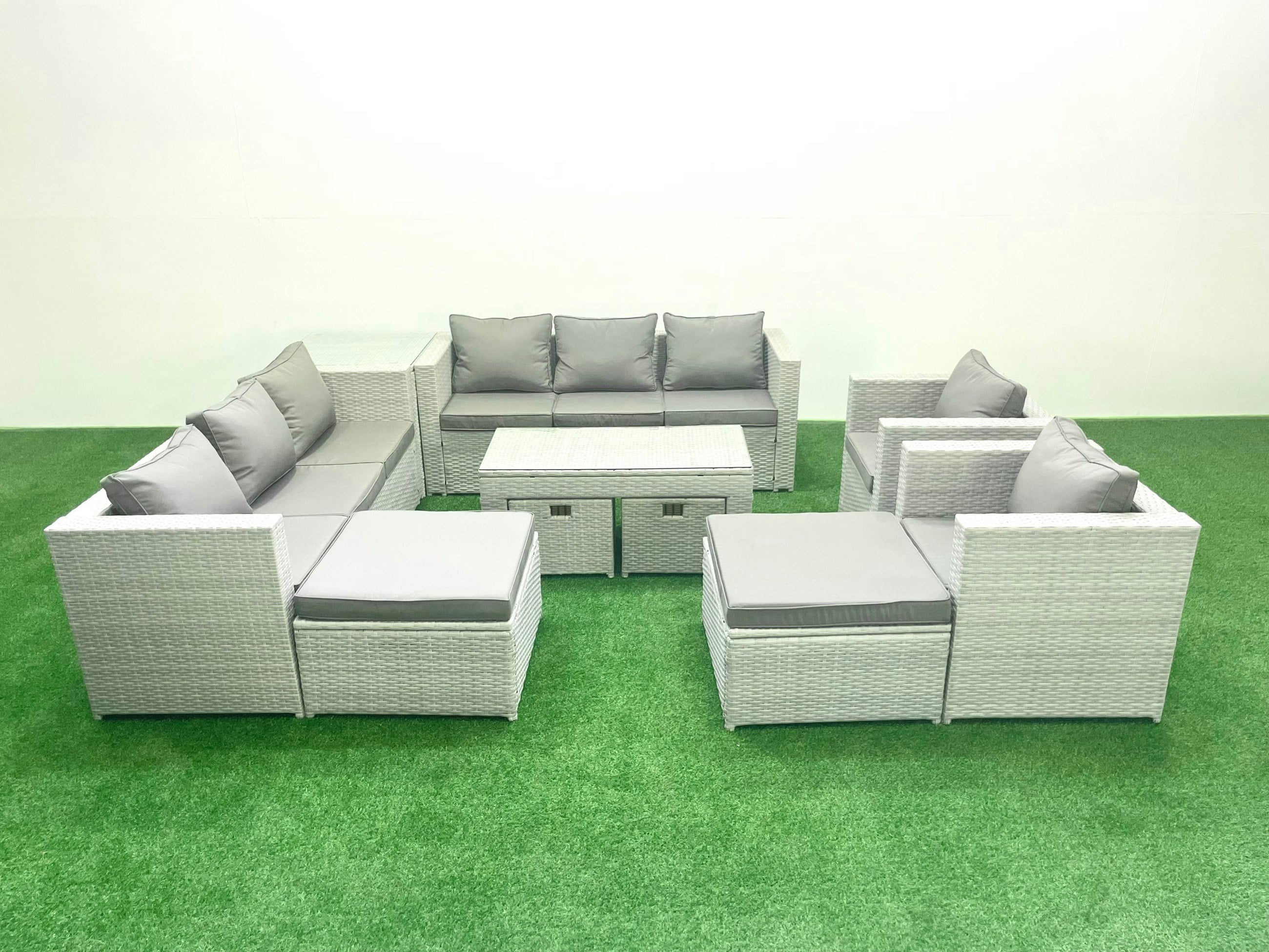 Fimous Light/Grey Rattan Garden Furniture Set Outdoor Lounger Sofa With Coffee Table 4 Footstools Side Table Mixed