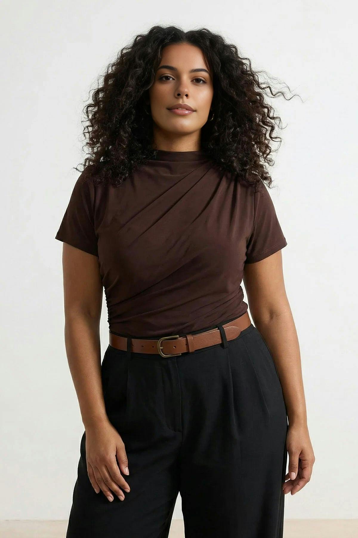 Wovcor Brown High Neck Gathered Knit Plus Size Blouse - 6XL
