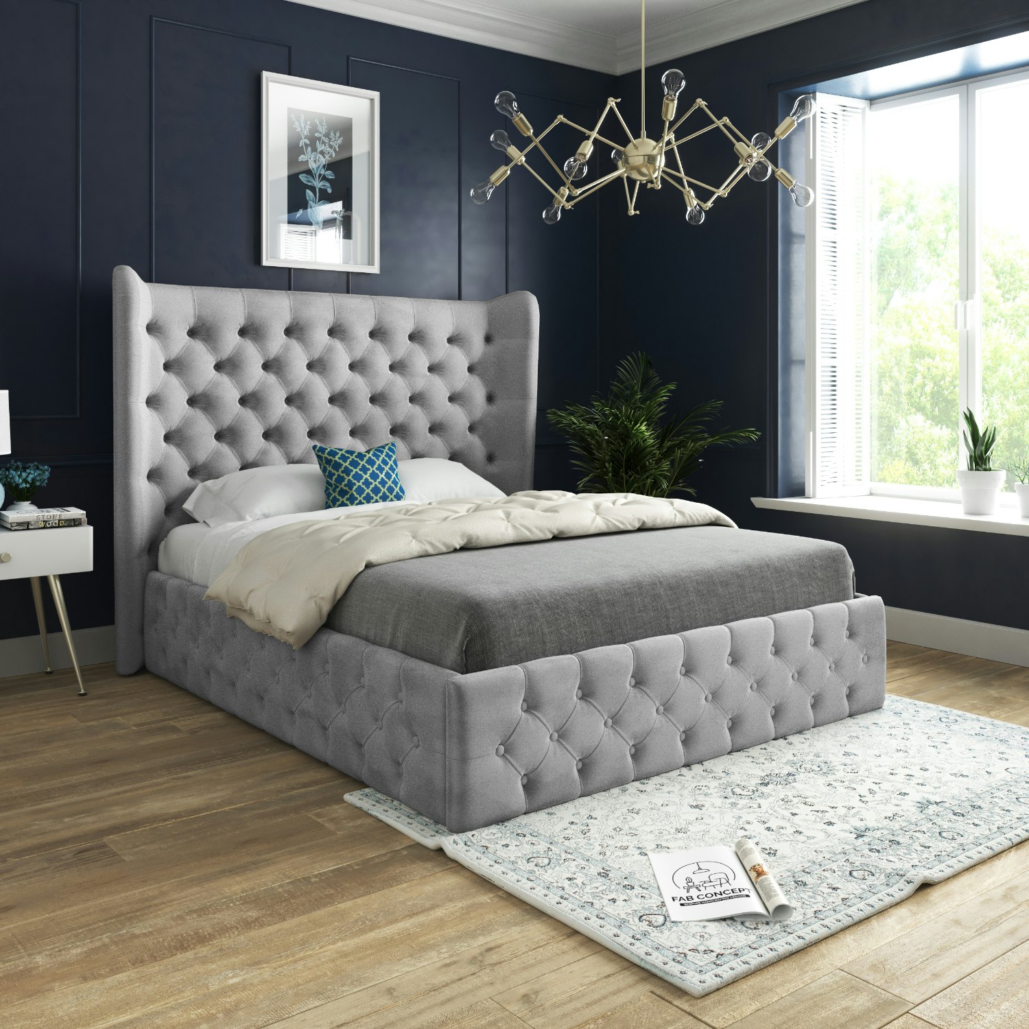 Rackhams Grey Florence Wide Winged Upholstered Soft Velvet Bed Frame - Super King