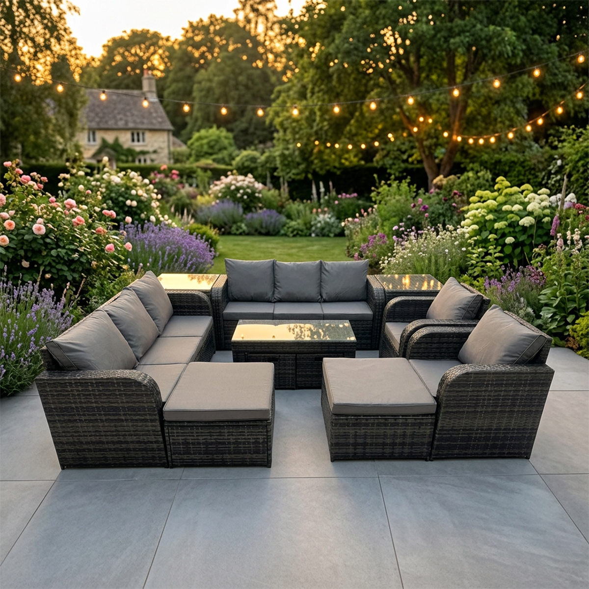Rackhams Dark/Grey 12 Seater Rattan Garden Outdoor Furniture Set With 2 Sofas, 2 Reclining Chairs, Coffee Table, 4 Footstools & 2 Side Tables - Mixed