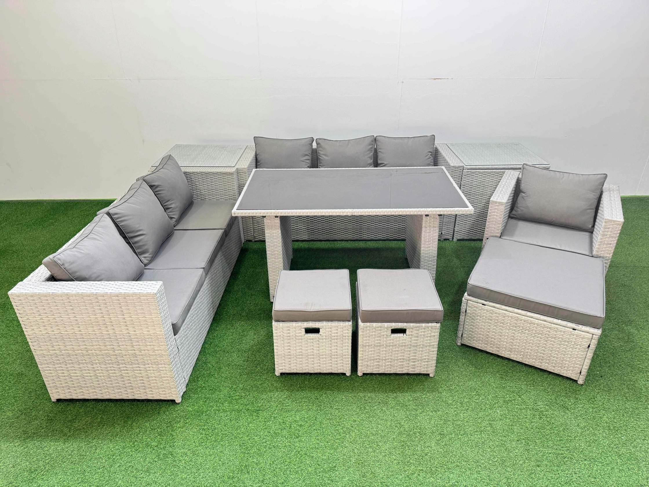 Fimous Black/Light/Grey Patio Garden Furniture Sets With Glass Top Dining Table 3 Seater Sofa Armchair 2 Side Tables 3 Stool