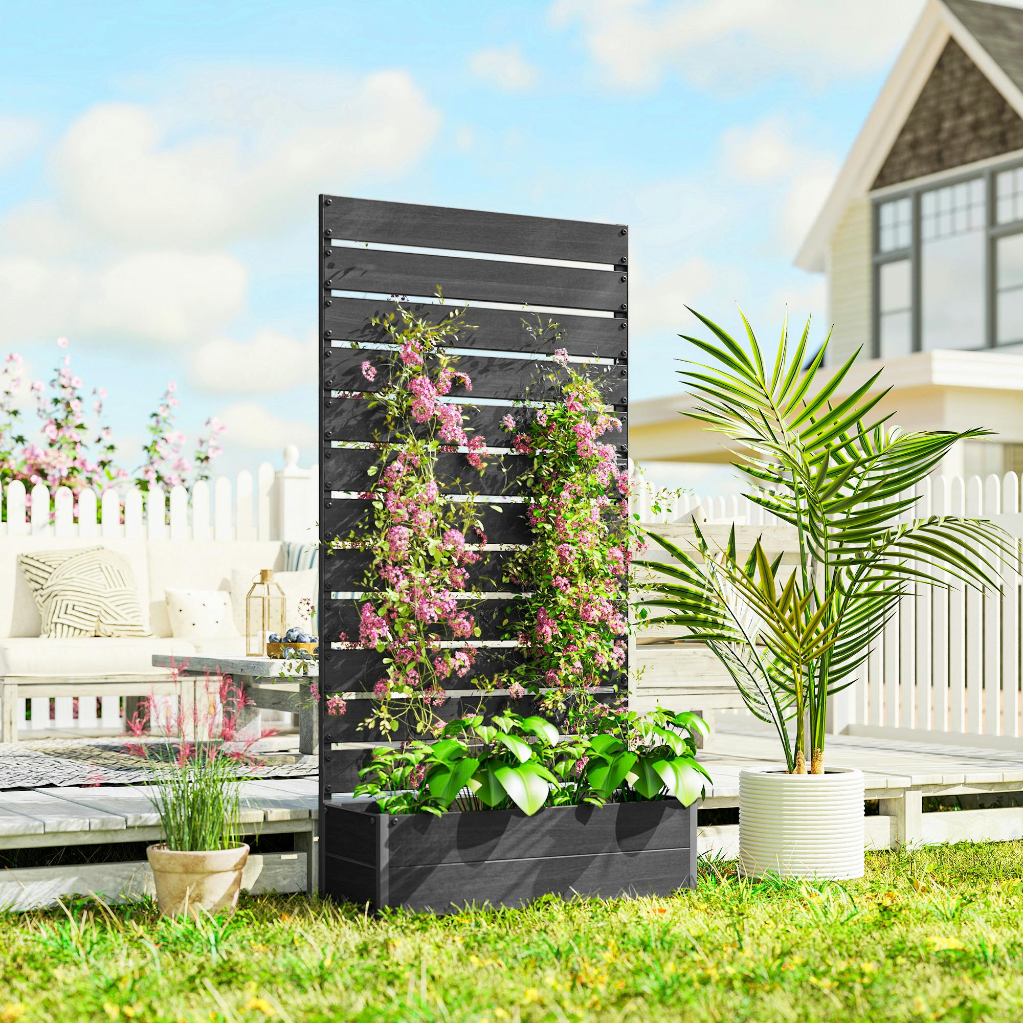 Rackhams Dark/Grey/Black Raised Garden Bed With Trellis Standing Patio Planter Box