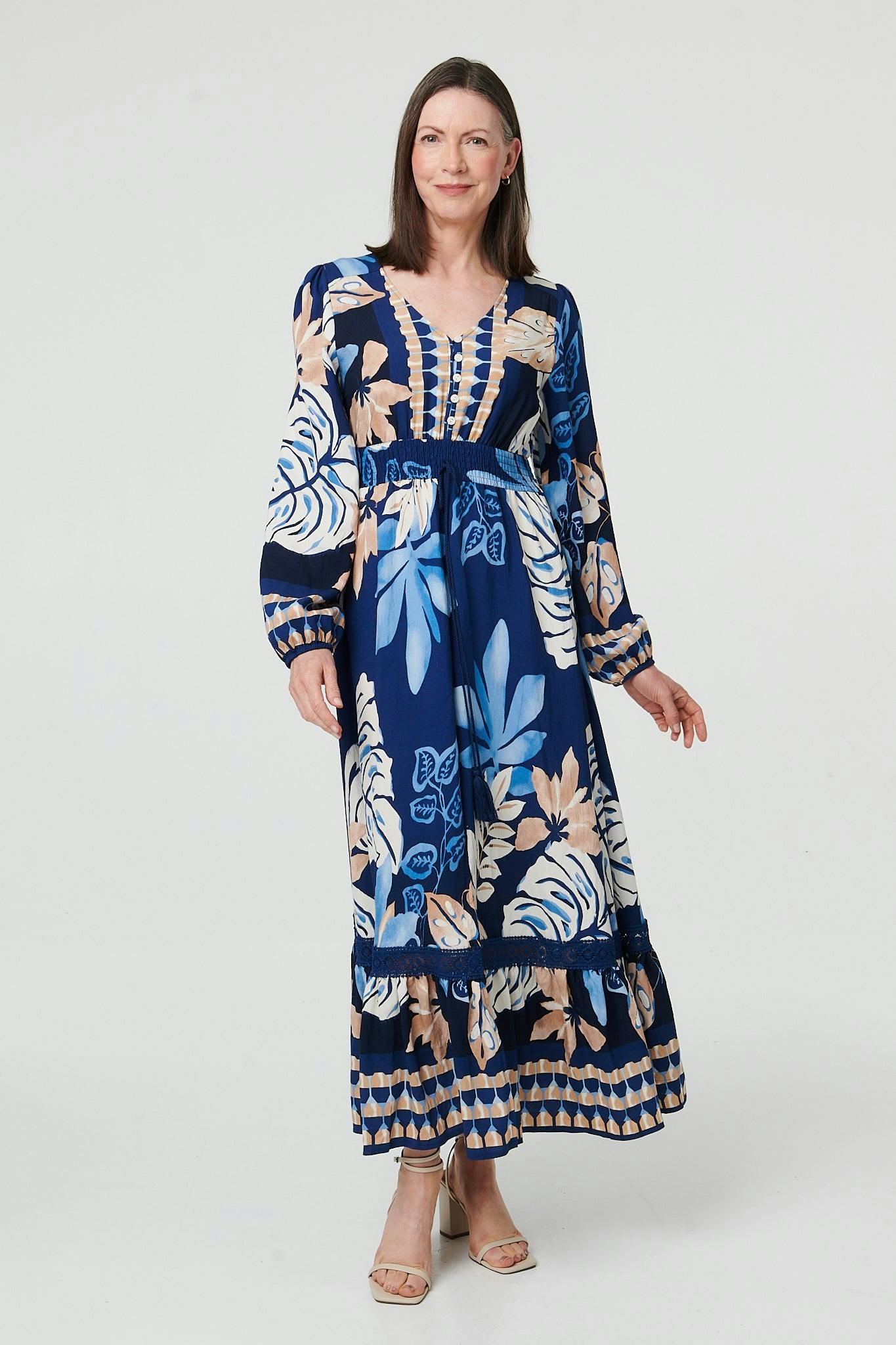 Izabel London Blue Printed Long Sleeve A-Line Maxi Dress - 12