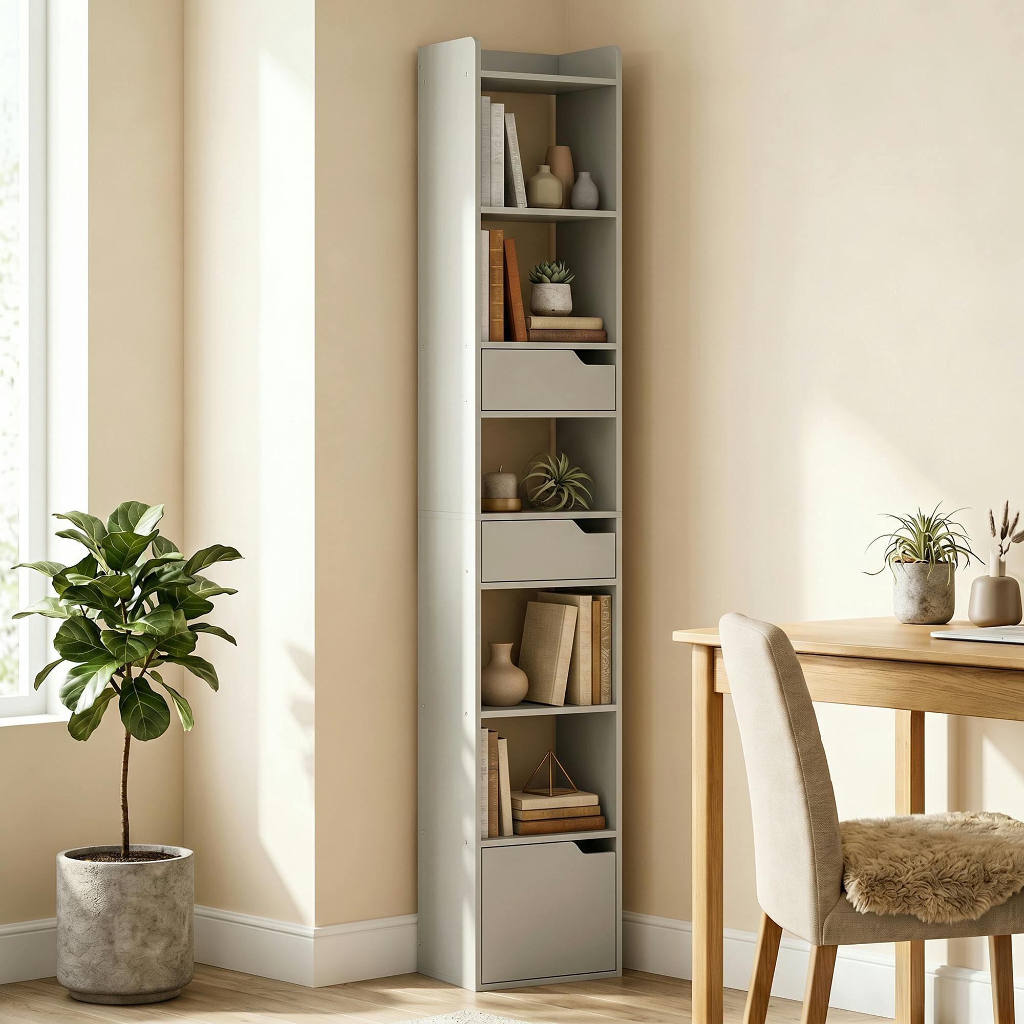 Rackhams Grey Bookcase Tall Narrow With 5 Tiers Drawers - 32W X 24D X 181.5H Cm