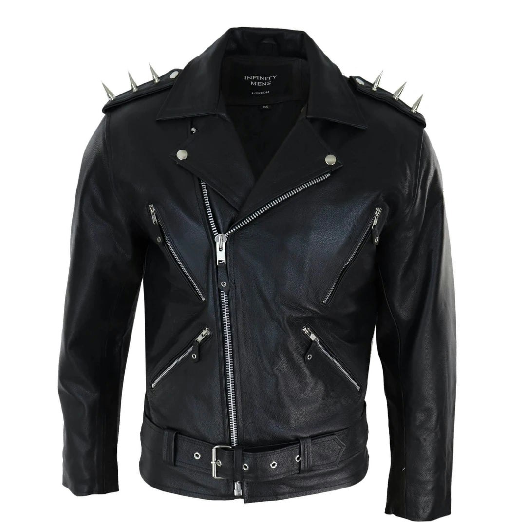 Infinity Leather Men's Leather Company Spike Hide Original Cross Zip Brando Biker Motorcycle Leather Jacket - 3XL