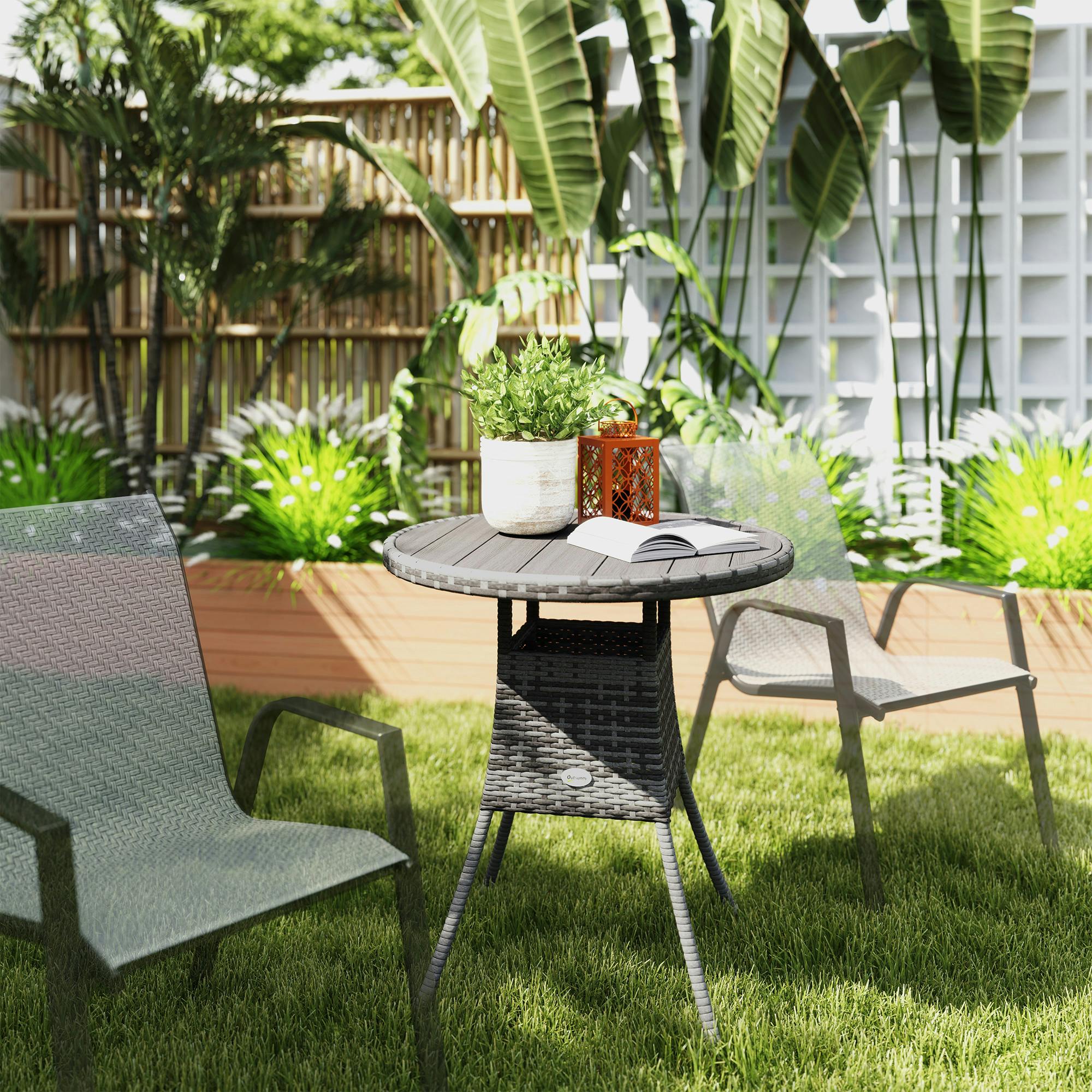 Outsunny Grey Outdoor Pe Rattan Dining Table W/ Wood-Plastic Composite Top, - 73H X 70L X 70Wcm