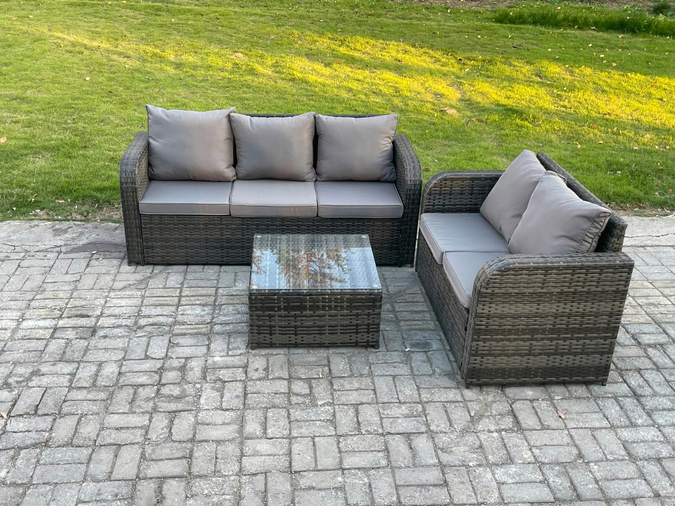 Fimous Dark/Grey Pe Rattan Garden Furniture Sets 5 Seater Outdoor Lounge Sofa Set Square Coffee Table
