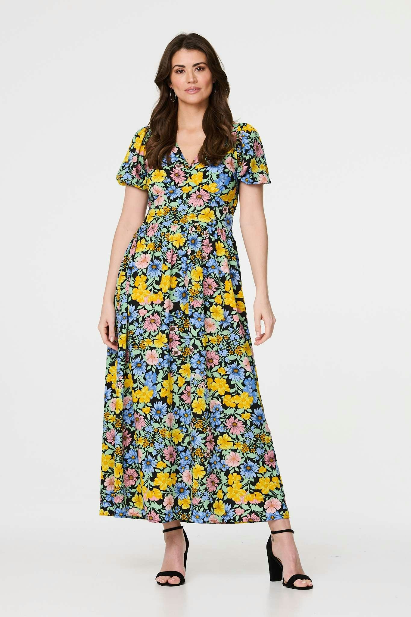 Izabel London Yellow Floral Puff Sleeve Cut Out Maxi Dress - 14