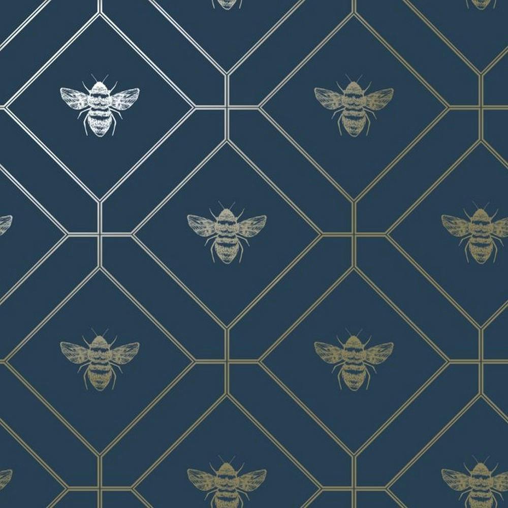 World Of Wallpaper Gold Bee Wallpaper - Navy/ - Navy/ - 10M X 53Cm - 100% Mixed