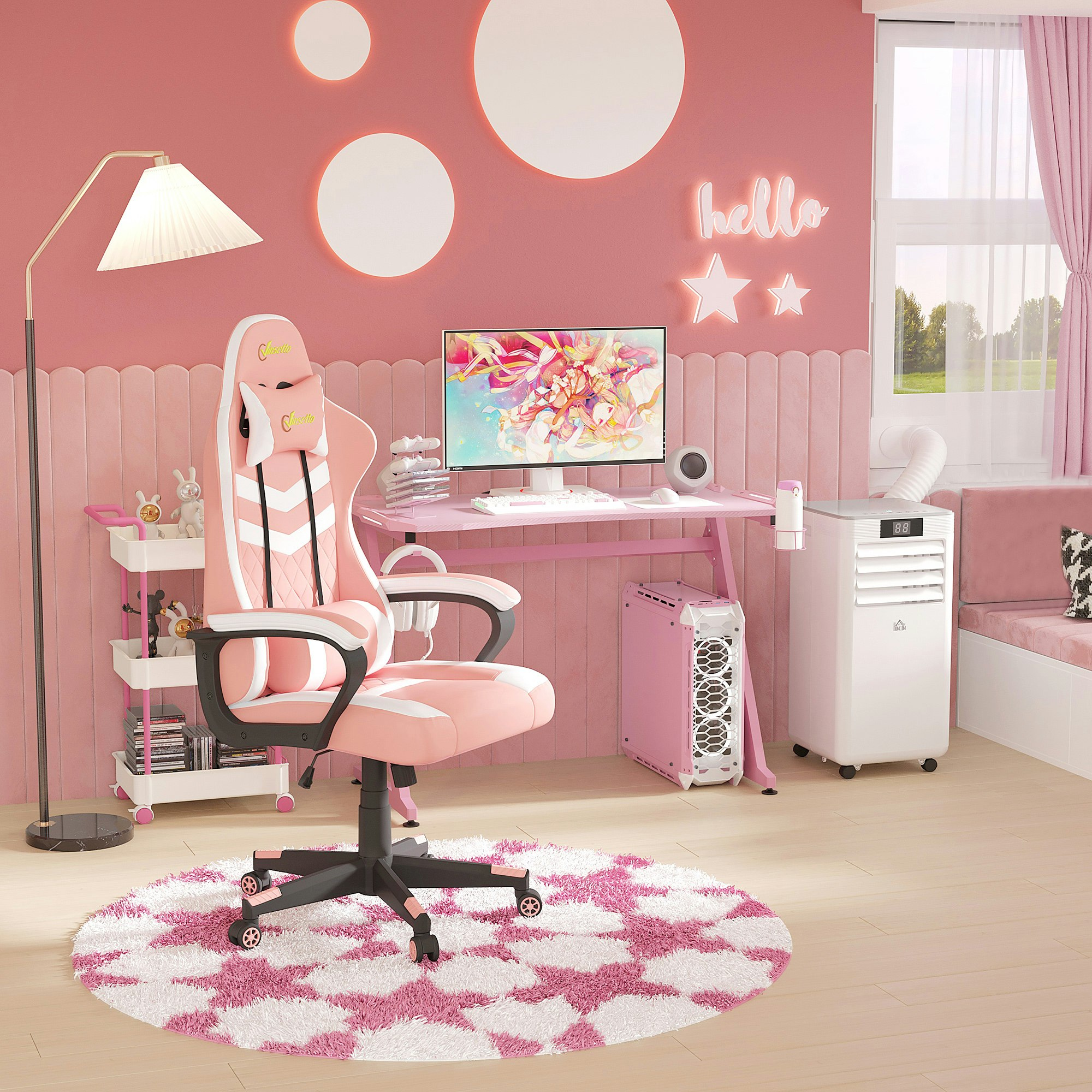 Rackhams Black/White/Pink Racing Gaming Chair W/ Lumbar Support, Gamer Office Chair,