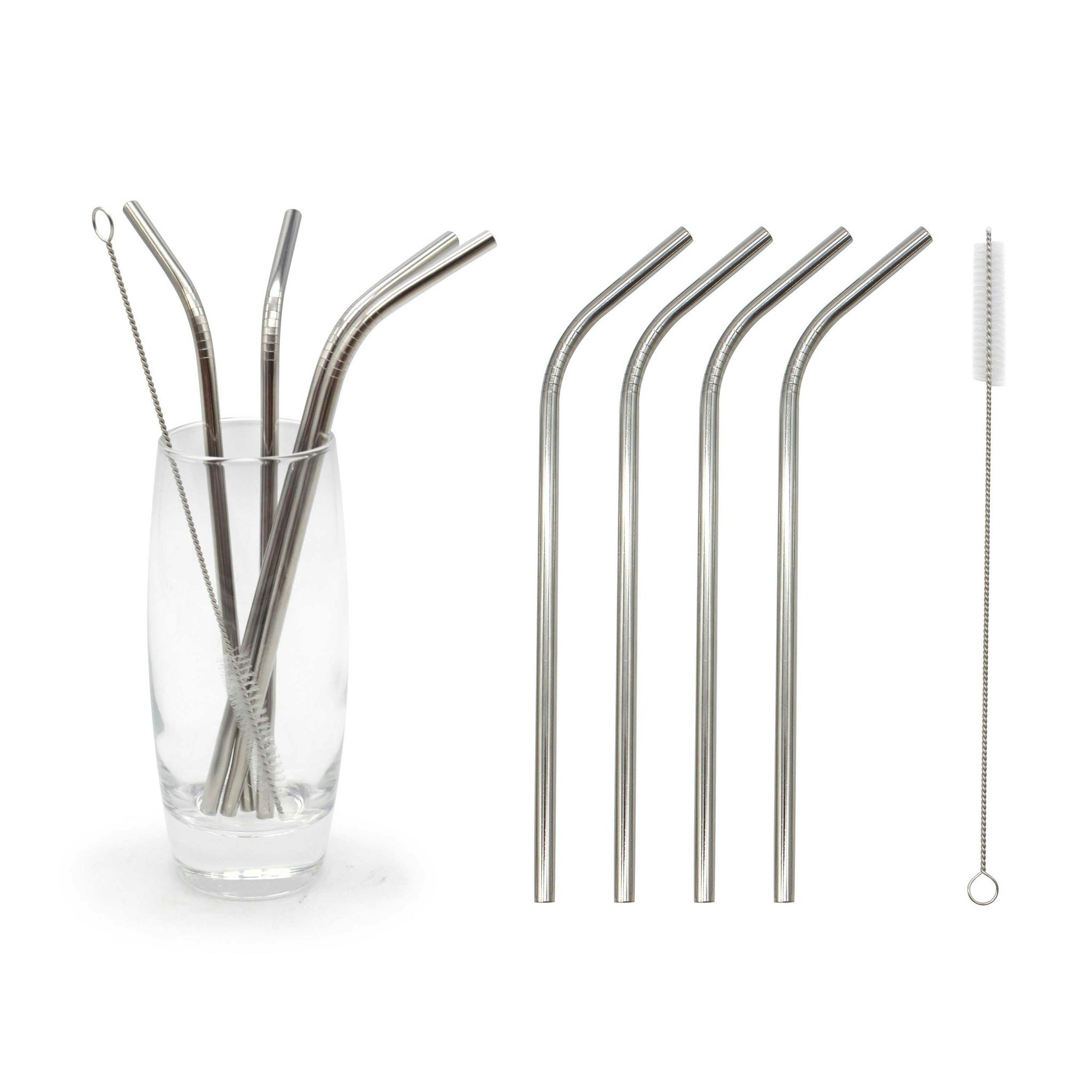 Glim & Glam Straws Brush Drinks Set Stainless Steel 4Pcs - Chrome - Stainless Steel Size 4
