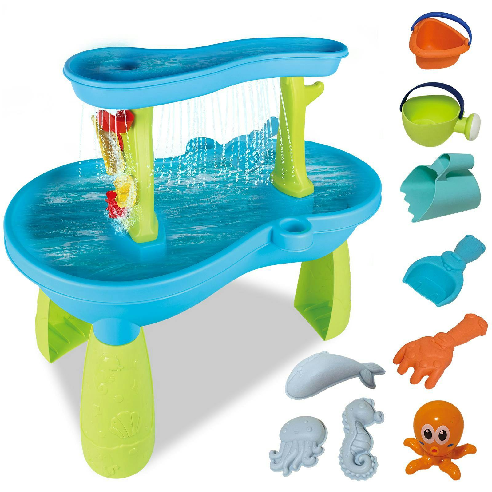 Deao Toys Blue Luxury Beach Water Table For Kids Interactive Sand And Water Playset With Ocean Animal Figures, Waterfalls, And Splashing Fun