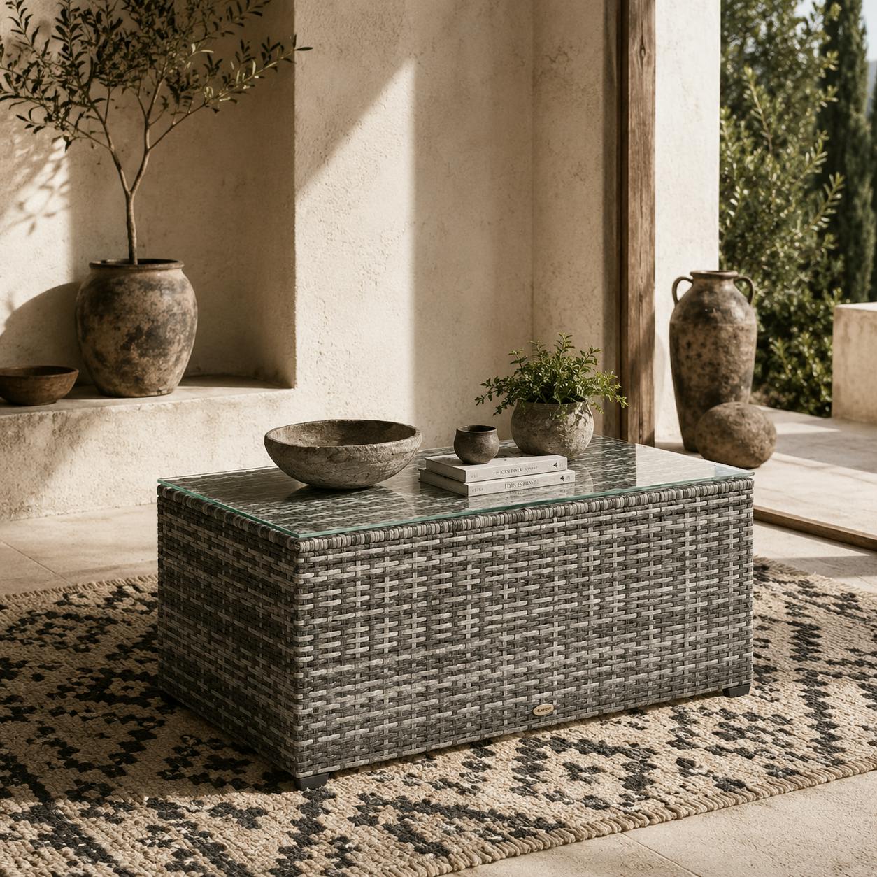 Rackhams Light/Grey Vimi 90Cm Rattan Glass Top Side Table