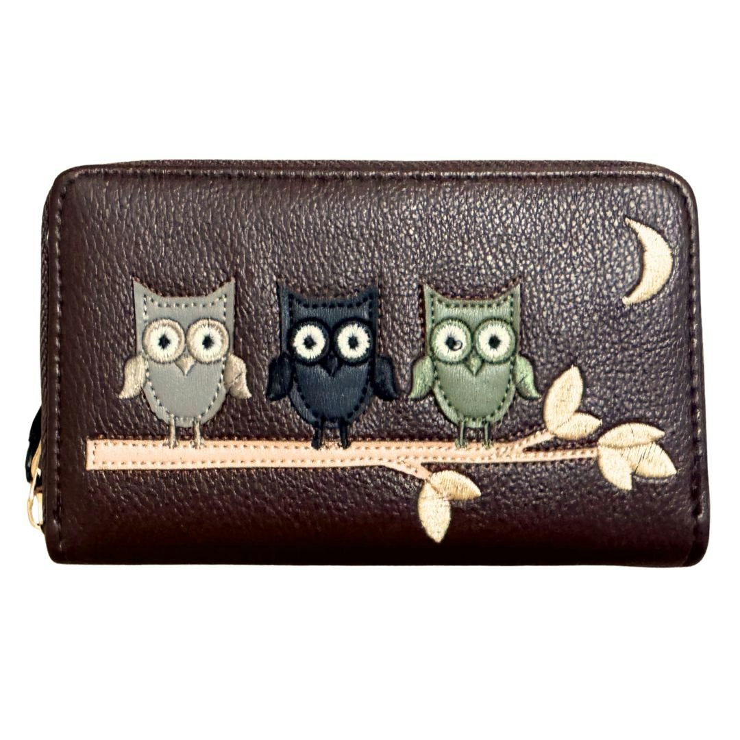 Fores Collection Owl Design Concertina Zip Around Purse - Chocolate