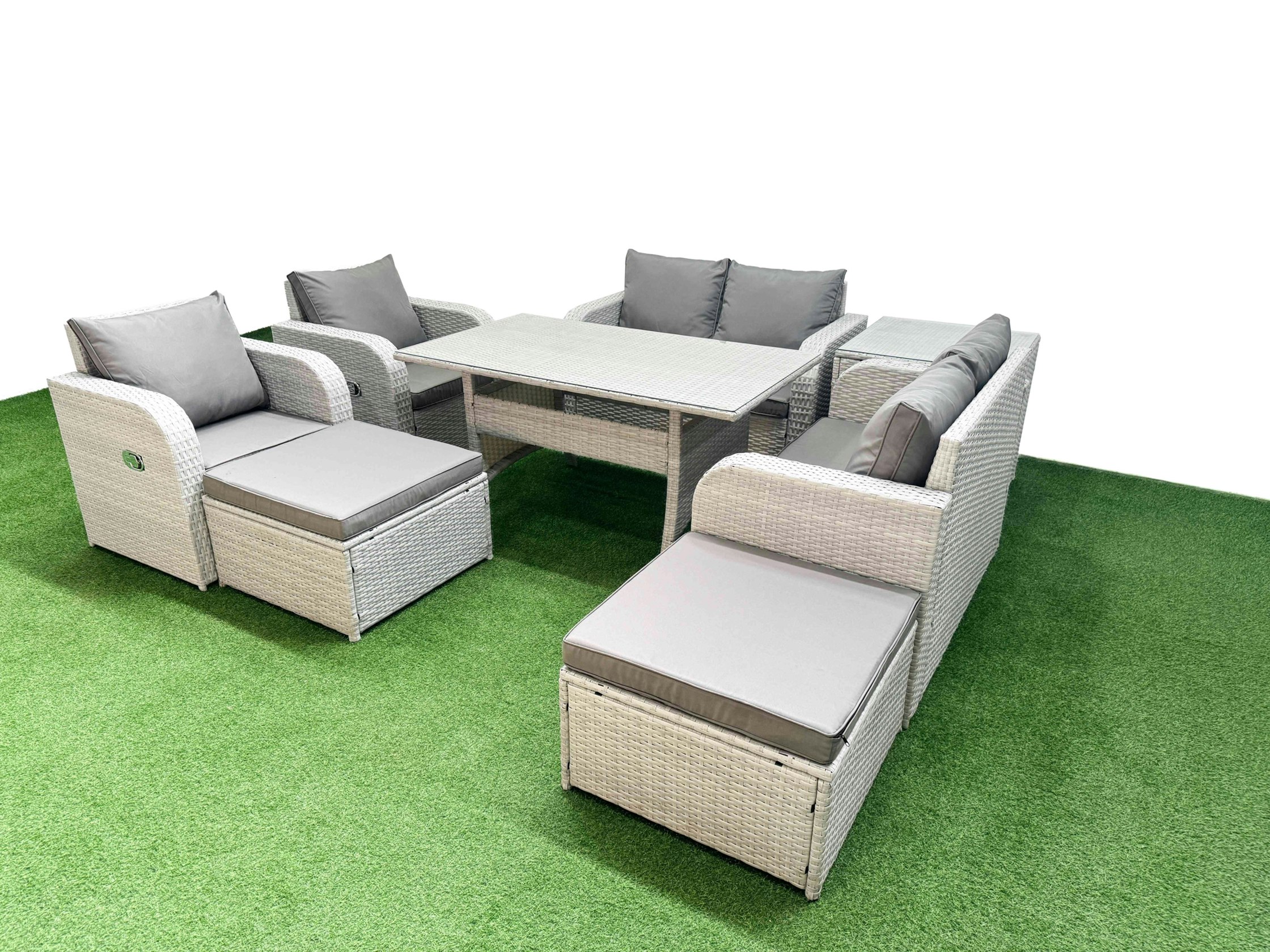 Fimous Light/Grey 8 Seater Rattan Garden Furniture Set - With Reclining Chair, Loveseat & Rectangular Dining Table & 2 Footstools