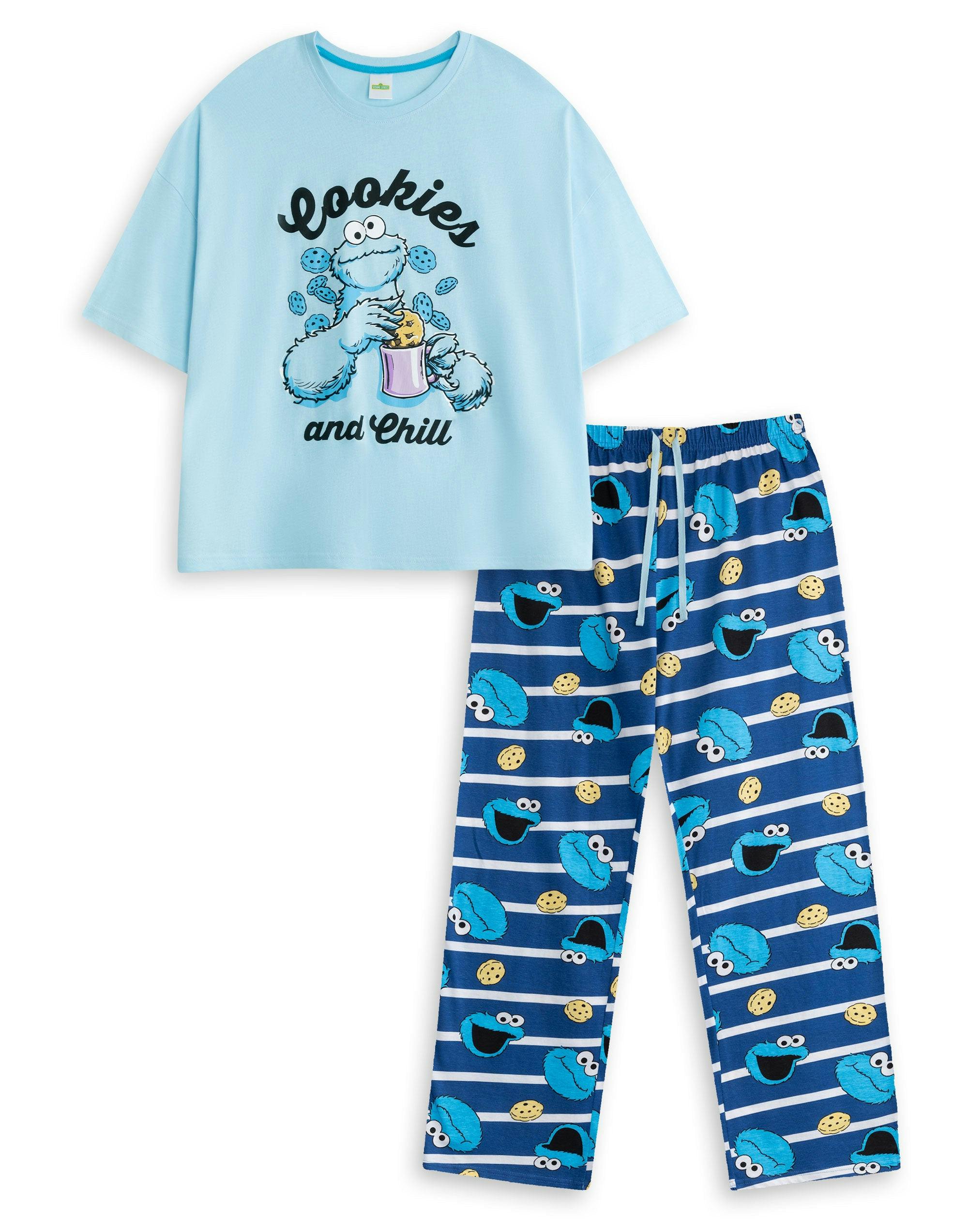 Vanilla Underground Women's Blue Sesame Street Cookie Monster Short Sleeve Long Leg Pyjama Set - Small
