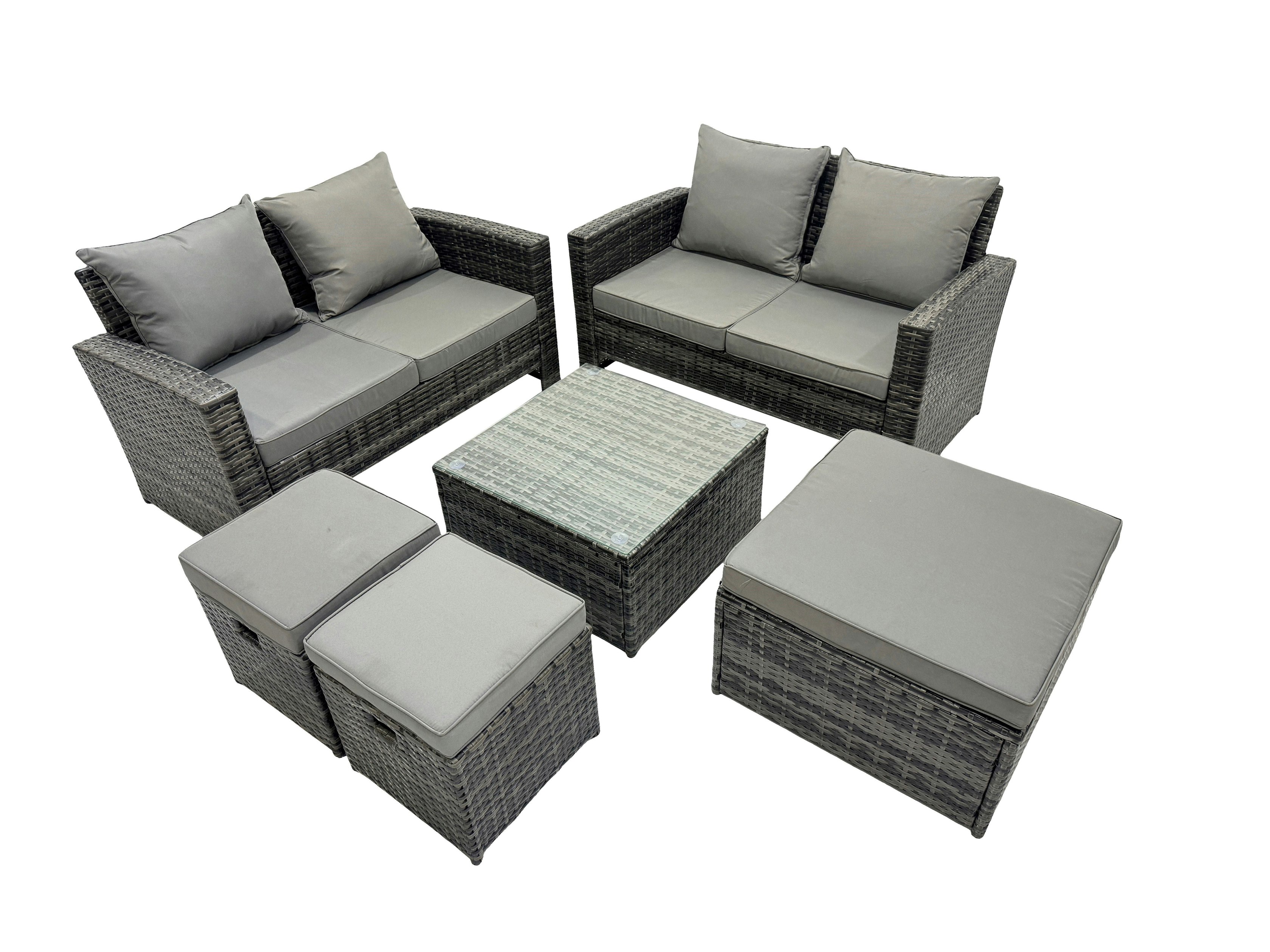 Fimous Dark/Grey Pe Rattan Garden Furniture Set Lounge Double Seat Sofa Coffee Table Set With 3 Stools Mixed