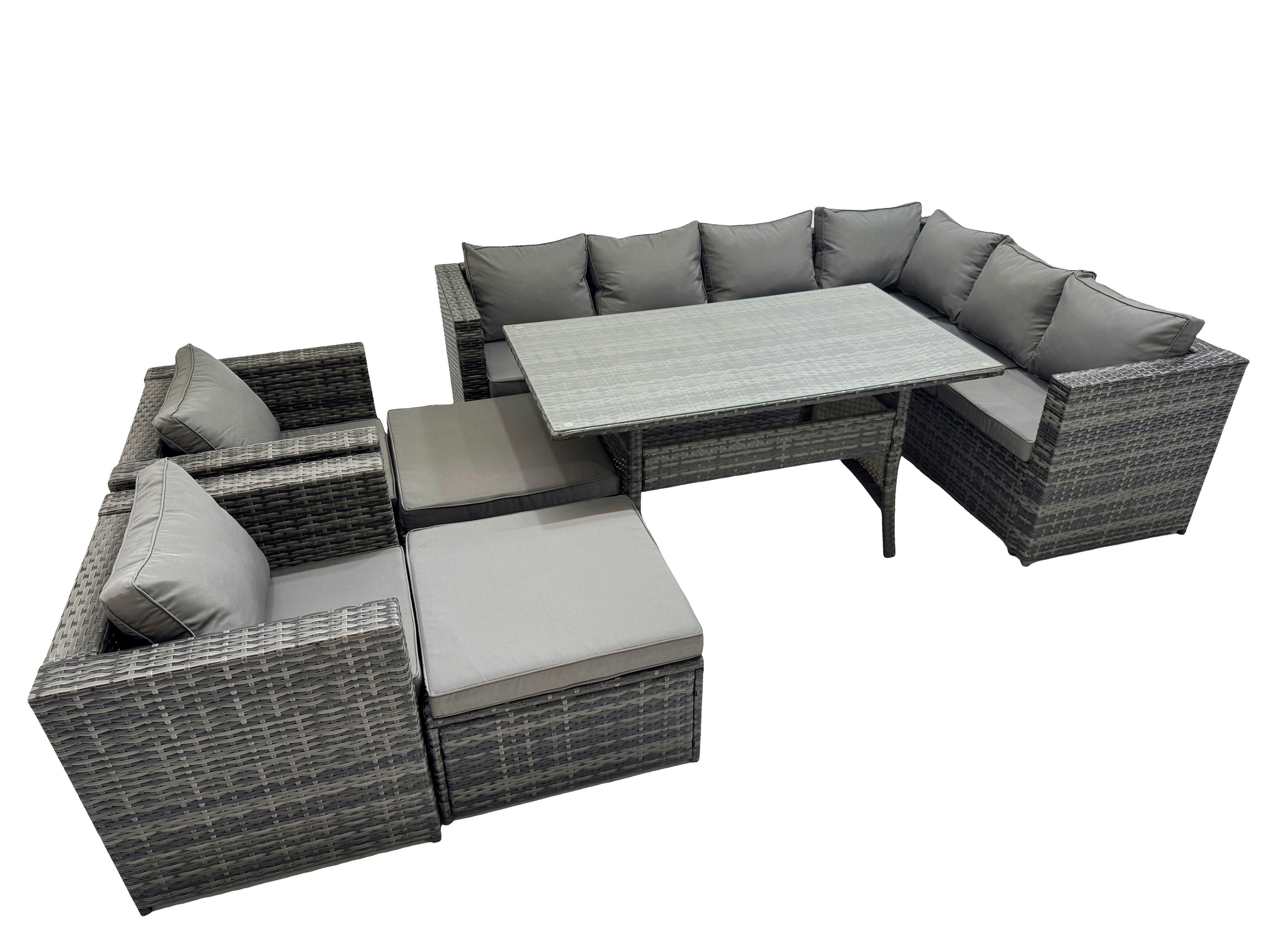 Rackhams Dark/Grey Rattan Garden Furniture Set Outdoor 10 Seater Patio Dining Corner Sofa Sets With Dining Table 2 Chairs 2 Big Stools Mixed