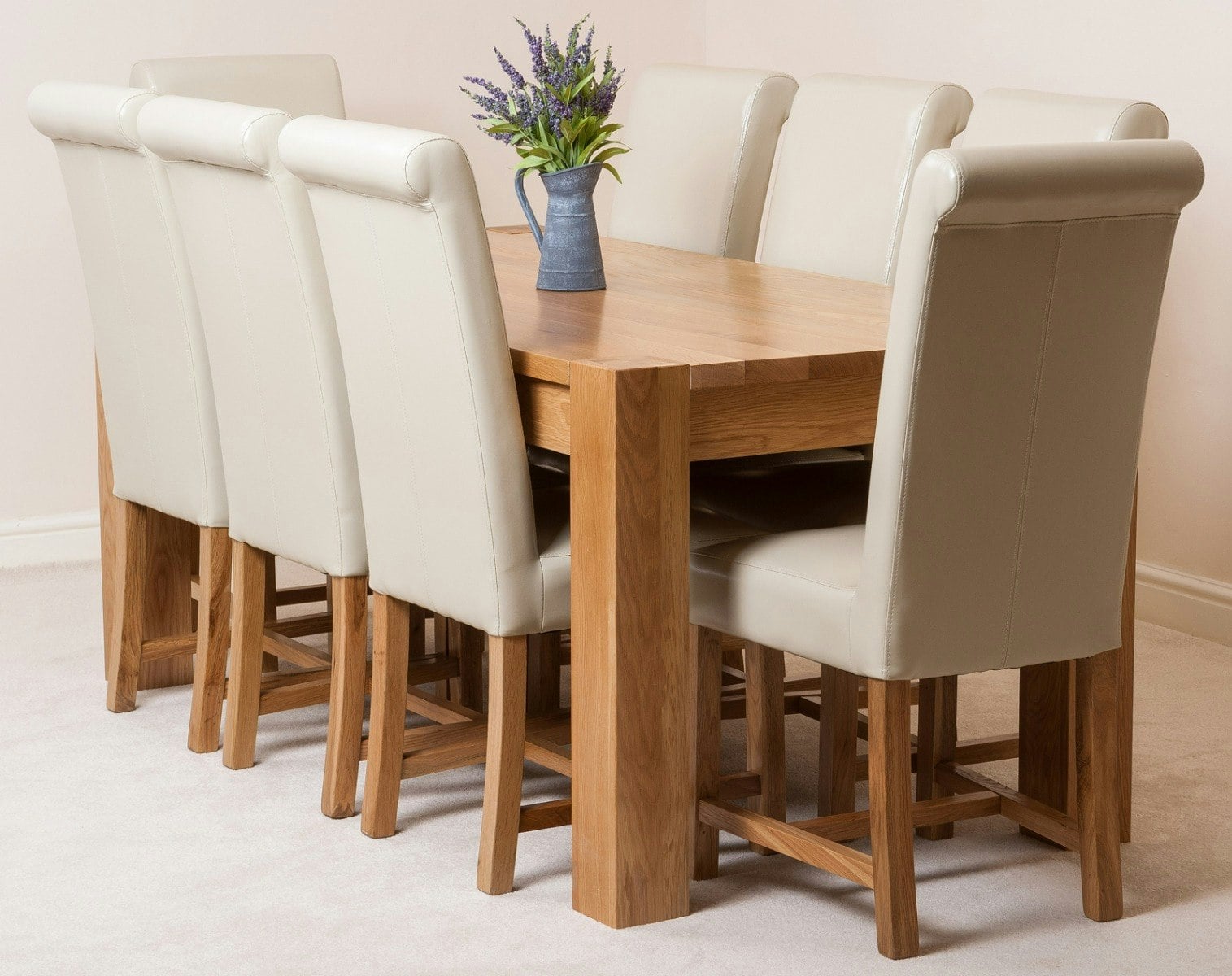 That's Furniture Ivory Kuba Large Oak Dining Table With Washington Leather Chairs - 8 Chairs
