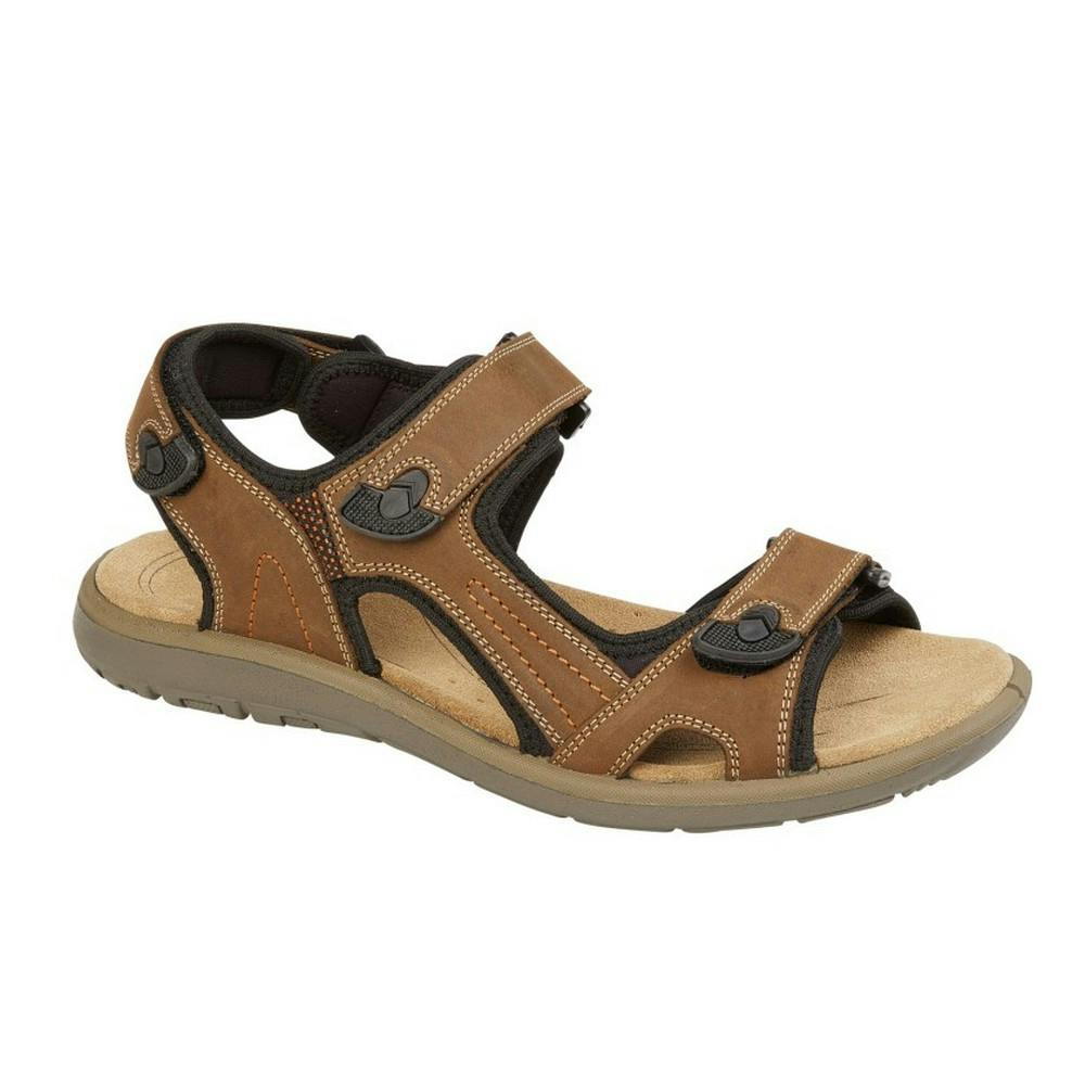 Roamers Men's Brown Triple Strap Leather Touch Fastening Sports Sandals - 11 Uk - 50% Pu/40% Leather/10% Textile
