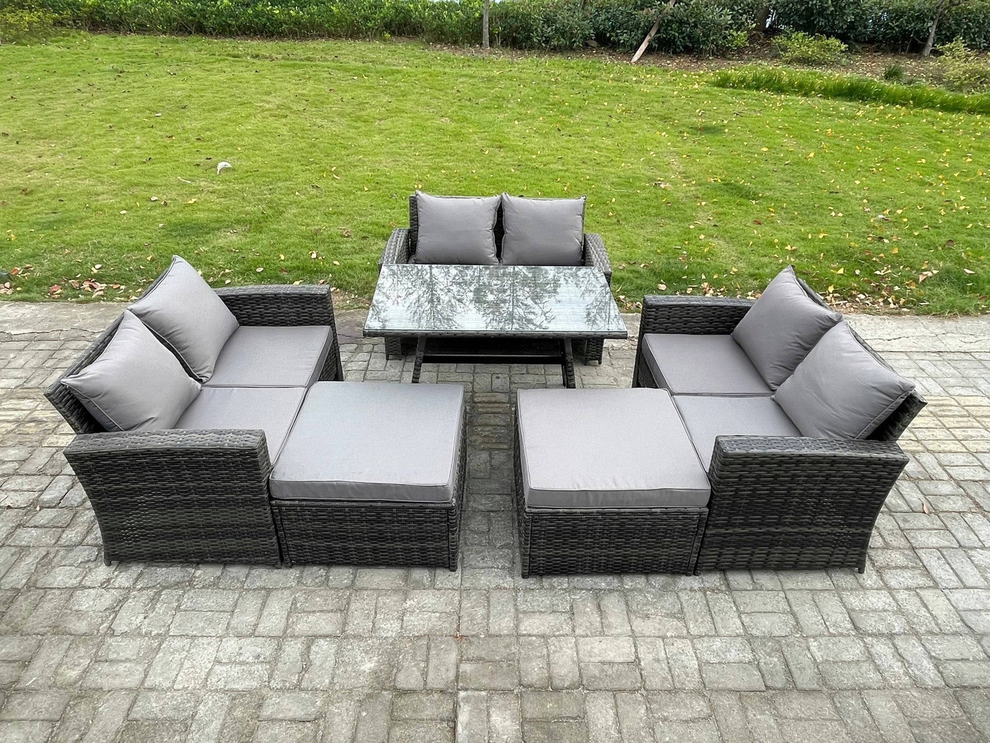 Rackhams Dark/Grey 8 Seater Mixed Pe Rattan Outdoor Dining Set - Rectangular Dining Table, Double Sofa & 2 Footstools