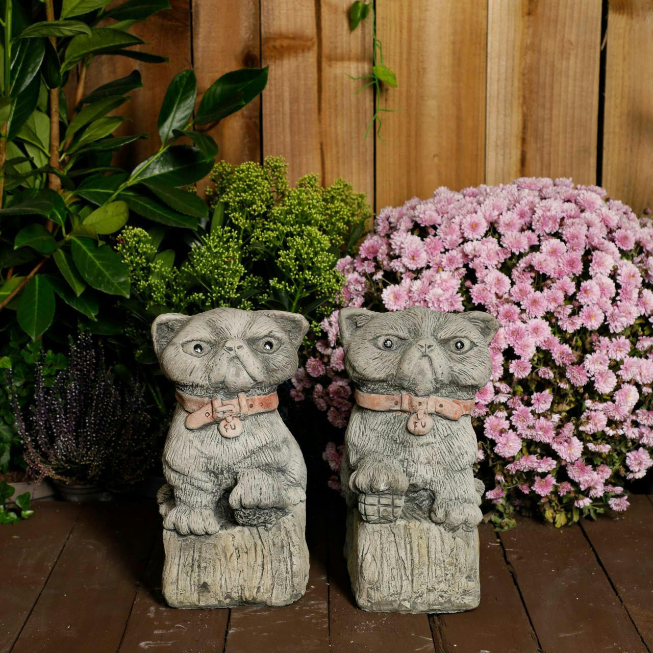 Osn Cranky Cats Pair Stone Cast Garden Cat Statues Set
