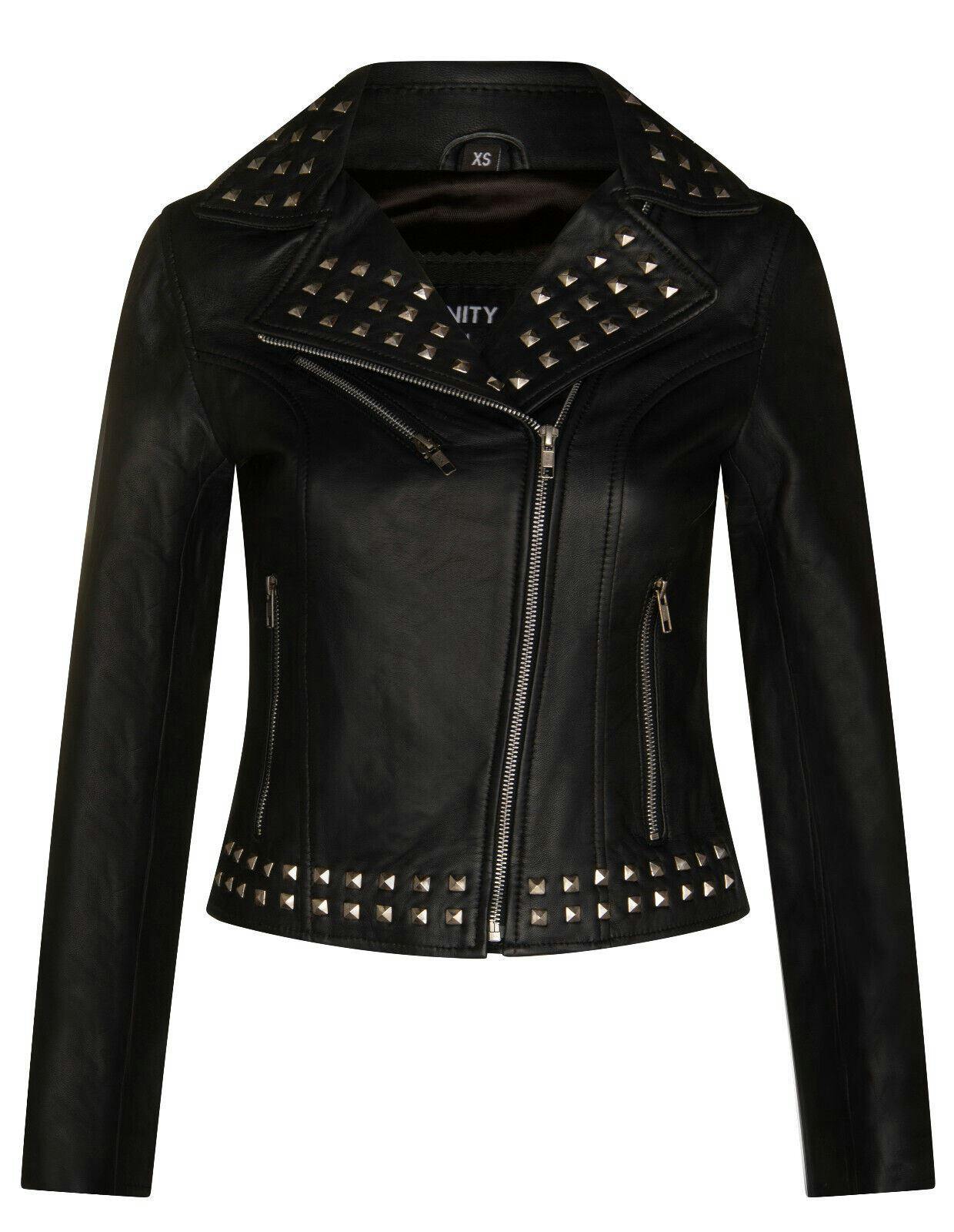 Infinity Leather Women's Black Stud Goth Biker Leather Jacket-St. Albans - Uk L/14 | Eu 40 | Us 10