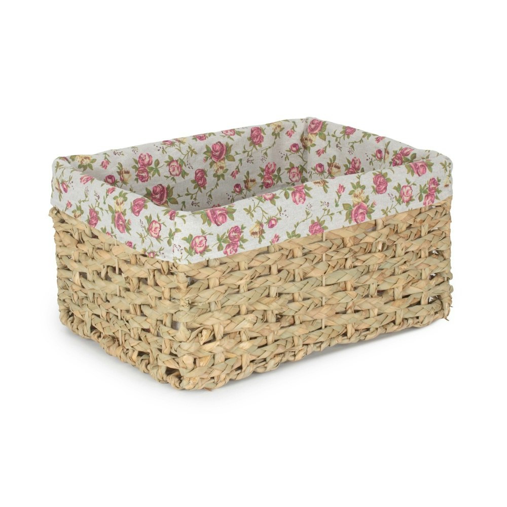 Rackhams Red Thatch Grass Woven Storage Basket With Garden Rose Cotton Lining - Medium