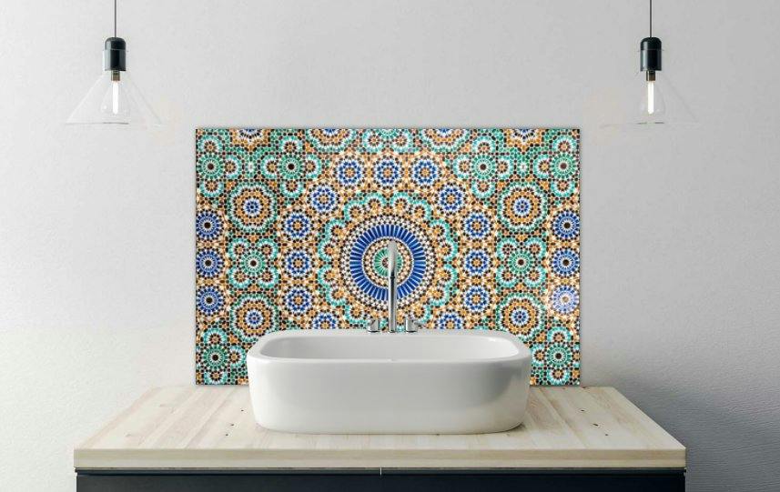 Printed Glass Bathroom Splashback - moroccan vintage tile background - 600x400mm