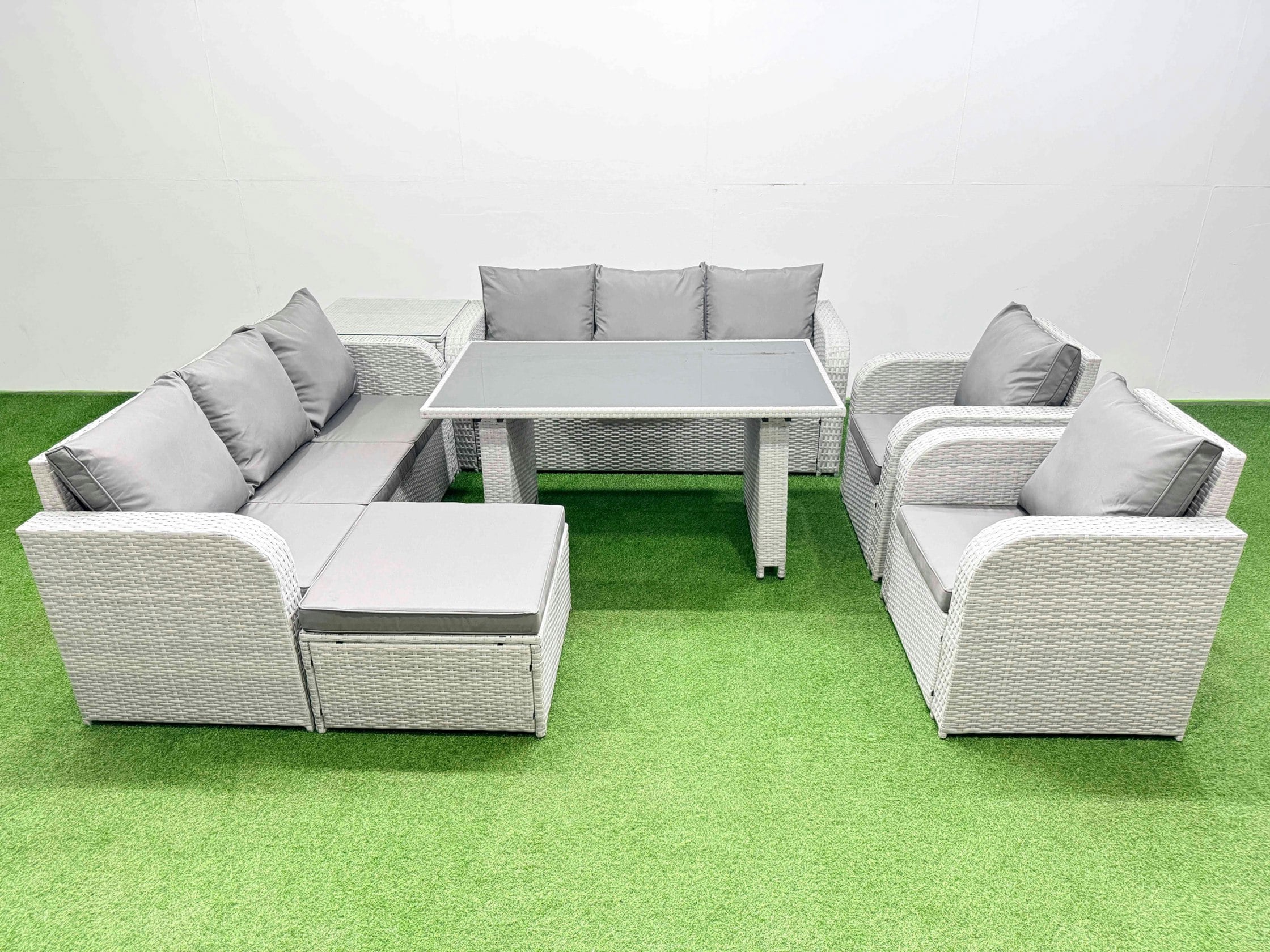 Fimous Light/Grey 9 Seater Wicker Pe Rattan Furniture Outdoor Dining Table 3 Seater Sofa Reclining Chair Set With Side Table Big Stool