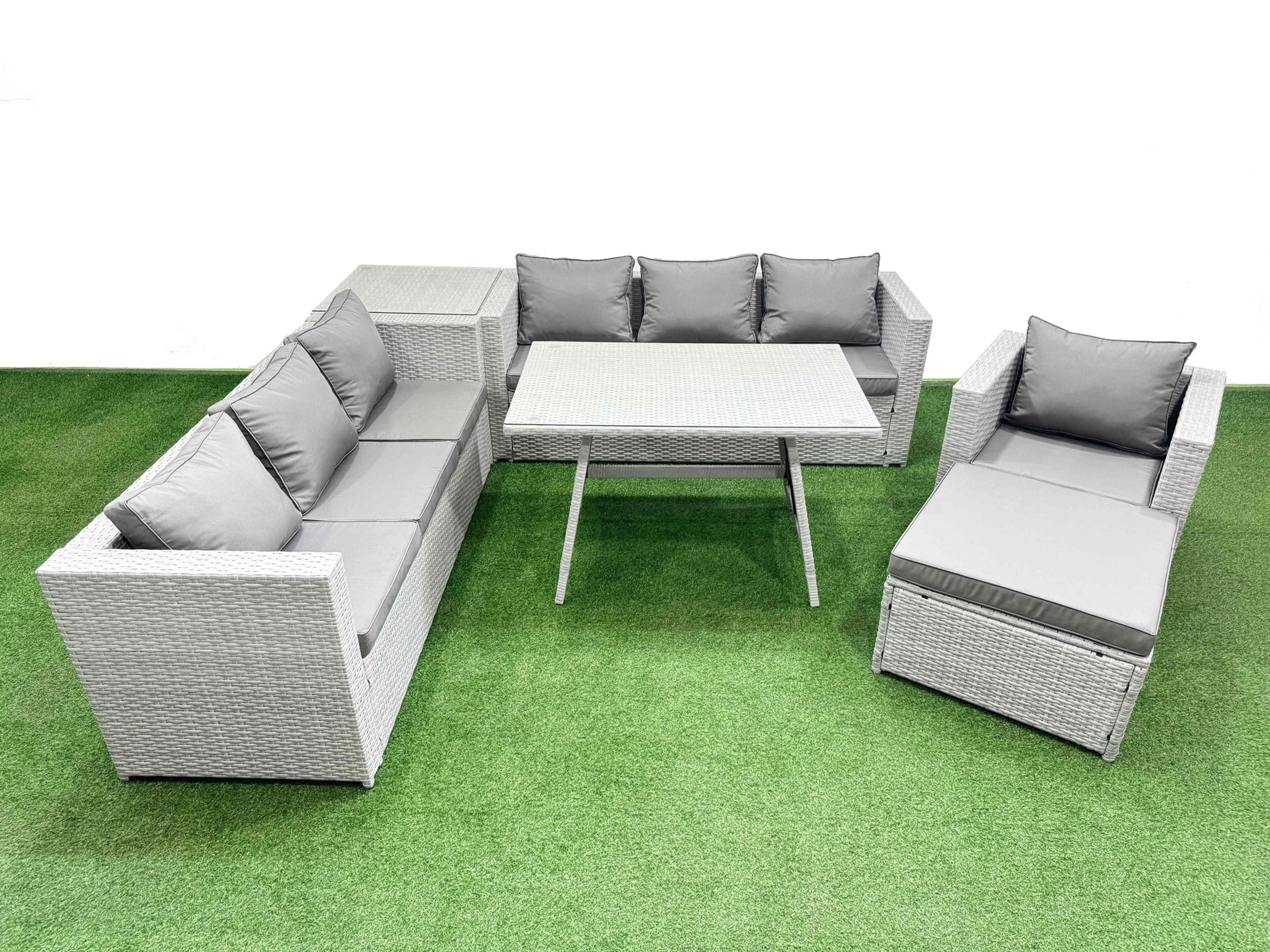 Fimous Light/Grey/Dark Outdoor Rattan Garden Furniture Dining Set 8 Seater Patio Rectangular Table 3 Seater Sofa Armchair Set With Side Table Big Stool