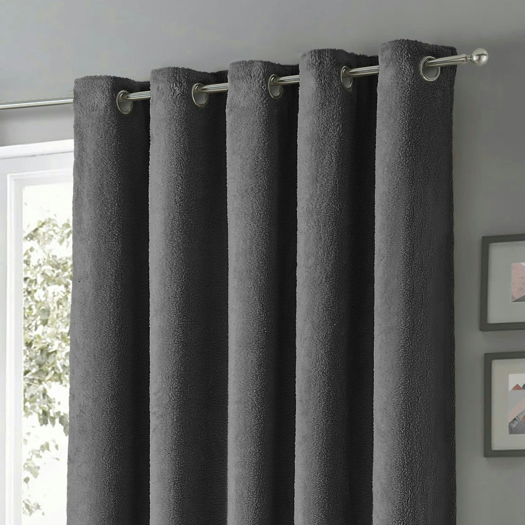 Rackhams Teddy Fleece Readymade Eyelet Curtains - 168Cm X 137Cm - Charcoal