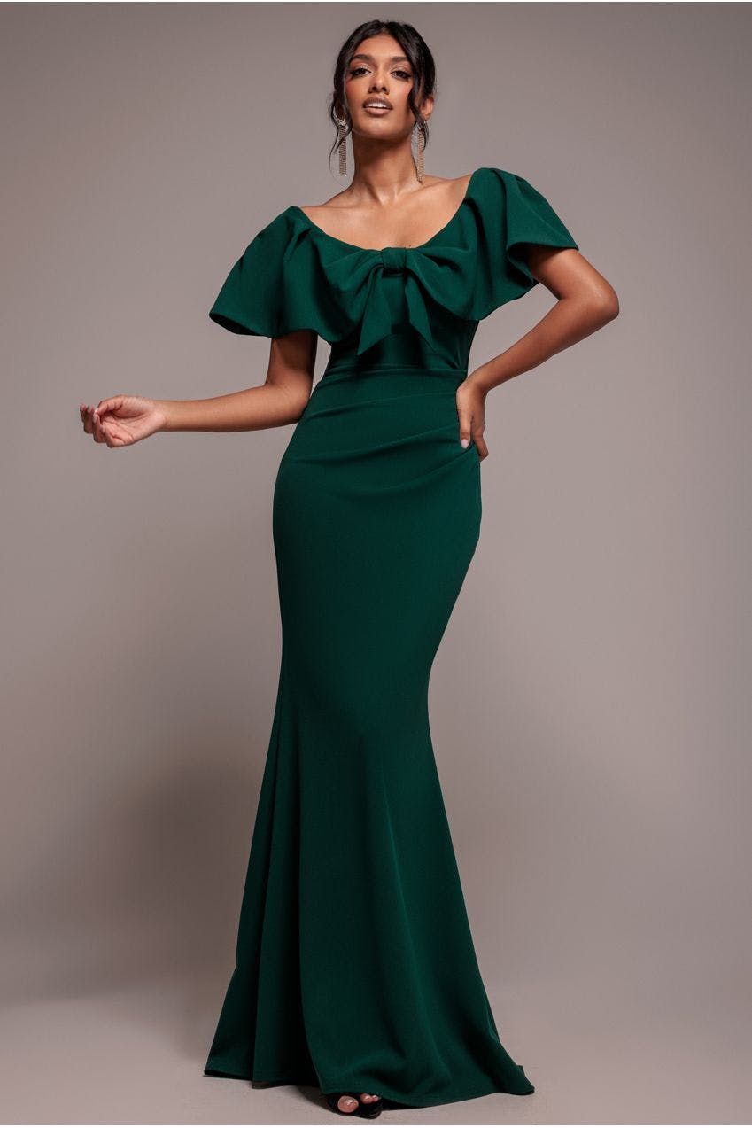 Goddiva Green Cape Sleeve Detail Front Tie Maxi Dress - Emerald By - Emerald - 10