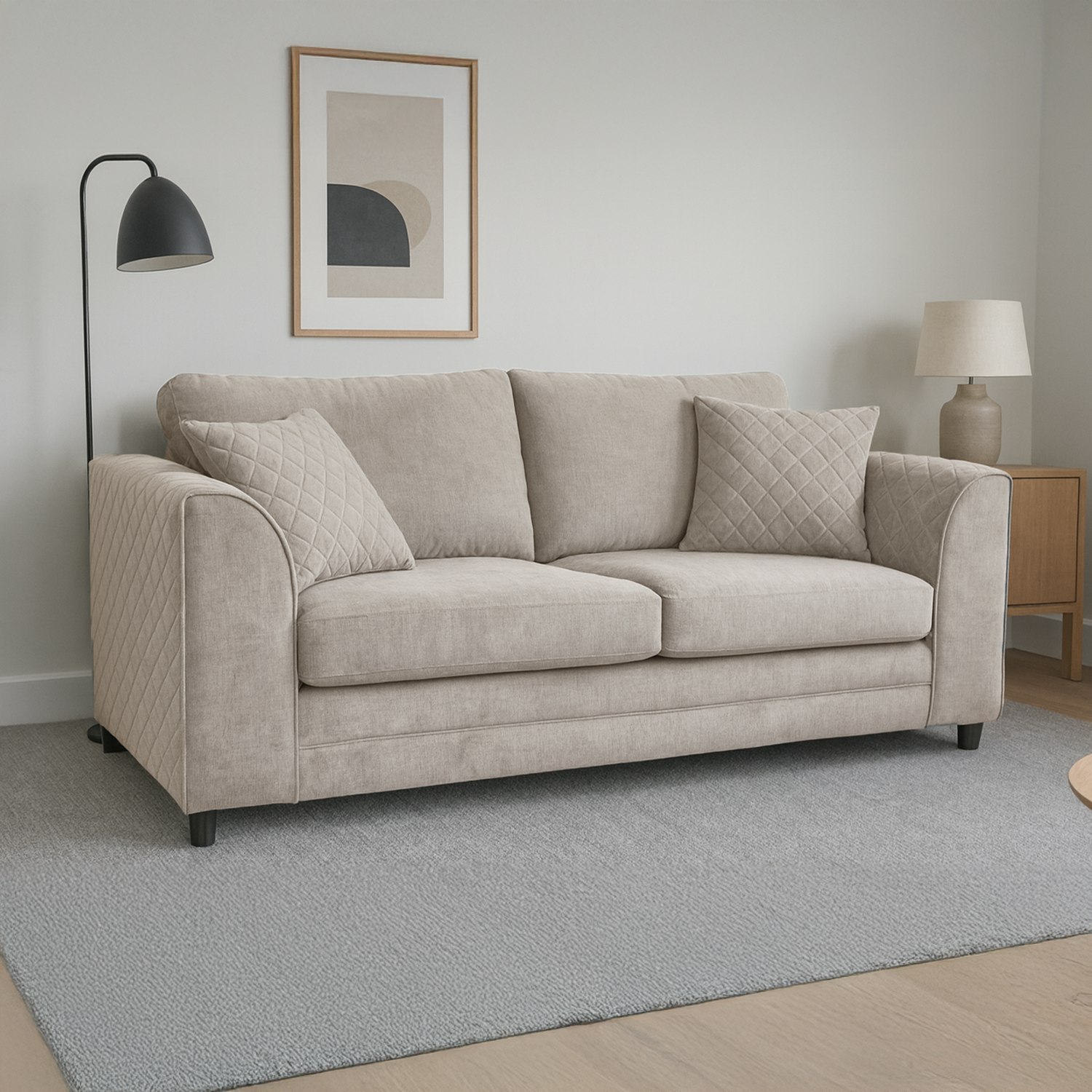 Furnishings For Less Beige Quilted Full Fabric Chenille 3 Seater Sofa